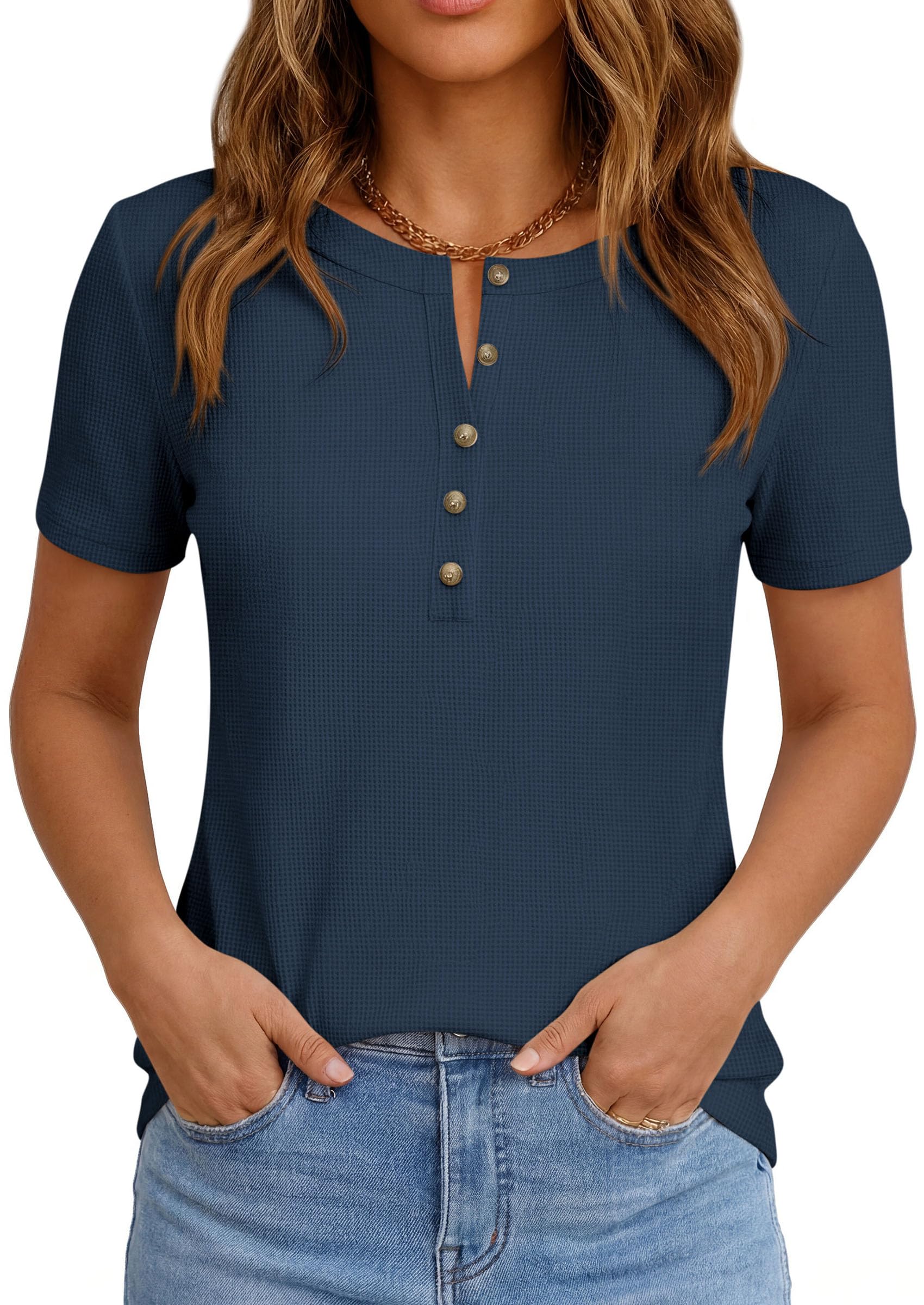 PRETTYGARDEN Waffle Knit Tops for Women Short Sleeve Henley Shirts  Summer Blouses Dressy Casual Spring Fashion Clothes