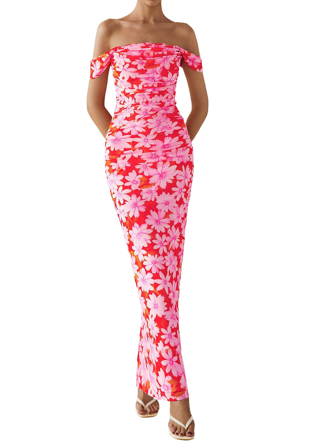 PRETTYGARDEN Cocktail Dresses for Women Summer Floral Off Shoulder Ruched Mesh Elegant Wedding Guest Maxi Dress
