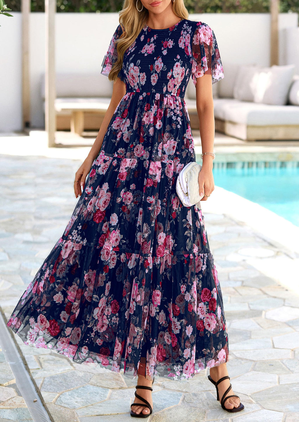 PRETTYGARDEN Tulle Floral Dress Women Summer Wedding Guest  Spring Short Sleeve Maxi Smocked Flowy Beach Party Dresses