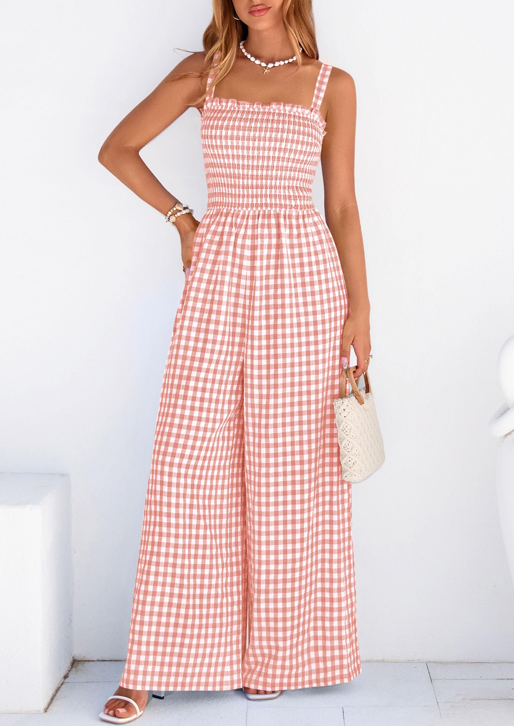 PRETTYGARDEN One Piece Jumpsuits for Women Casual Summer Cruise Outfits  Spring Fashion Smocked Wide Leg Gingham Rompers