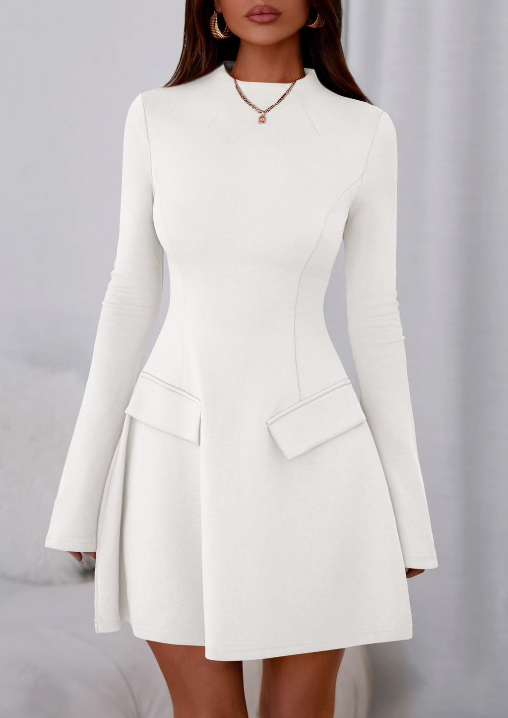 PRETTYGARDEN Women's Elegant Holiday Short Dress  Fall Bell Long Sleeve Mock Neck Work Business Casual Party Mini Dress
