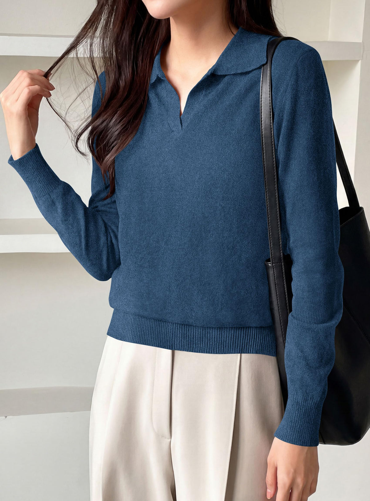 PRETTYGARDEN Womens Long Sleeve Collared Polo Sweater | Breathable Soft Ribbed Knit, Lapel V Neck Pullover Sweaters, Business Casual Work Office Tops, 2026 Trendy Fall Outfits