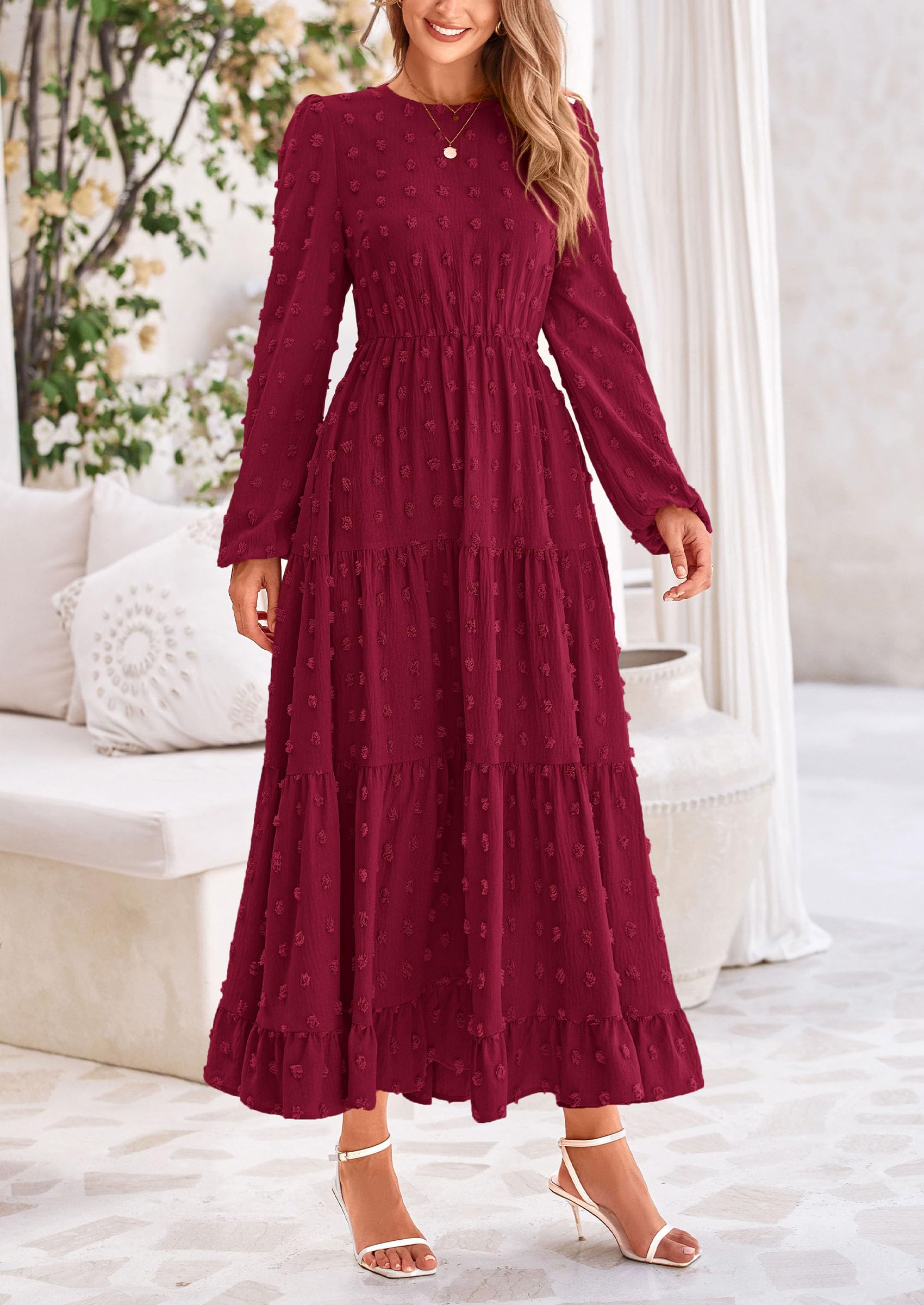PRETTYGARDEN Women's Fall Spring Elegant Long Sleeve Maxi Dress Swiss Dot A Line Flowy Casual Holiday Party Going Out Dresses