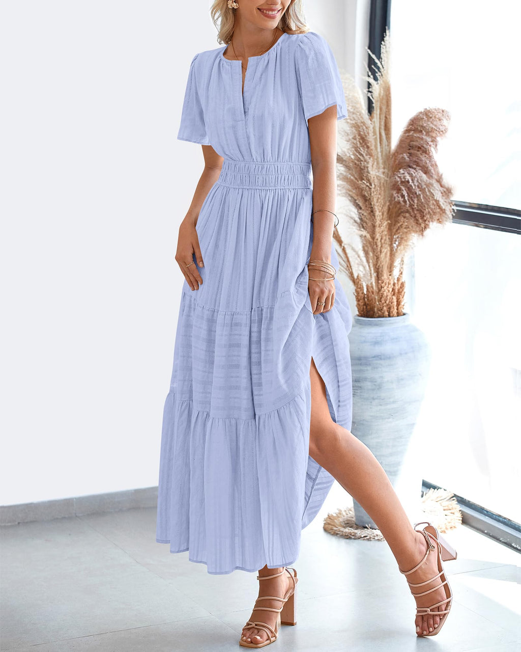 FreshPretty Womens Summer Casual Midi Maxi Dresses Lightweight Short Sleeve V Neck Elastic Waist Boho Beach Dress Pockets