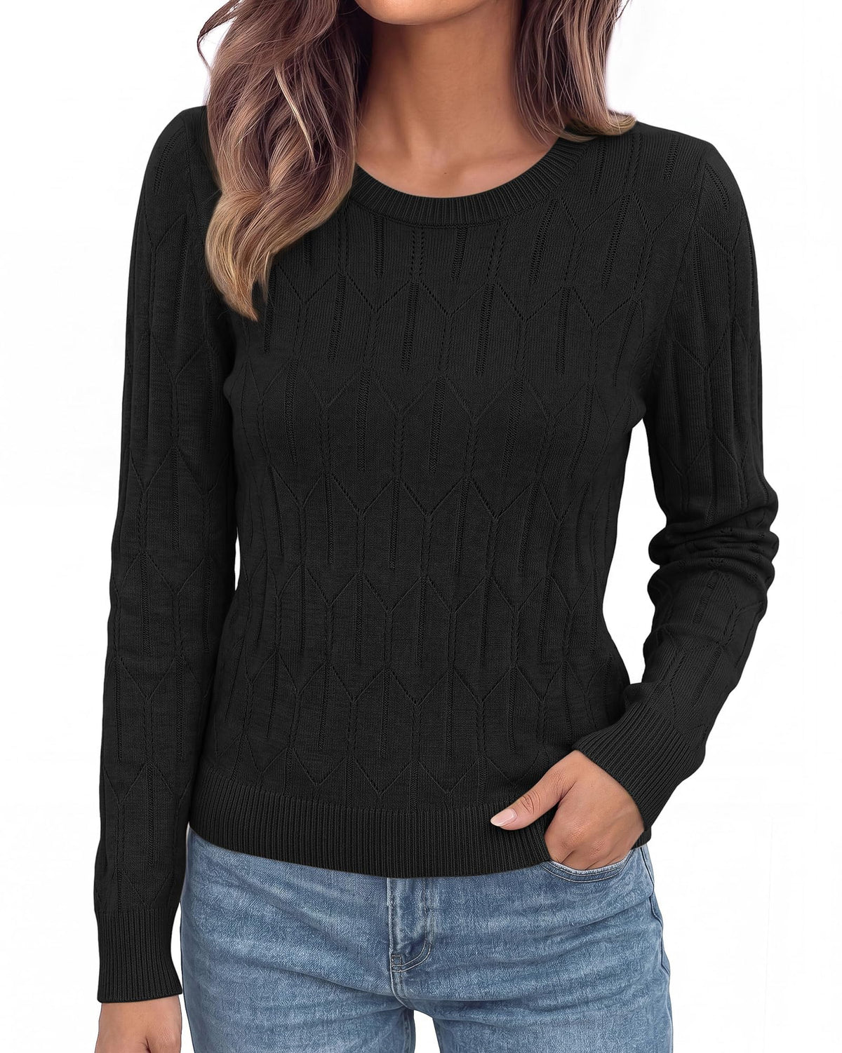 BTFBM Womens Sweaters Long Sleeve Crewneck Pullover Tops Dressy Casual Lightweight Knit Sweater,Small Hollow Out Boho Shirts, Fall Fashion,Winter Layer Basic Clothes,Business Casual Outfits