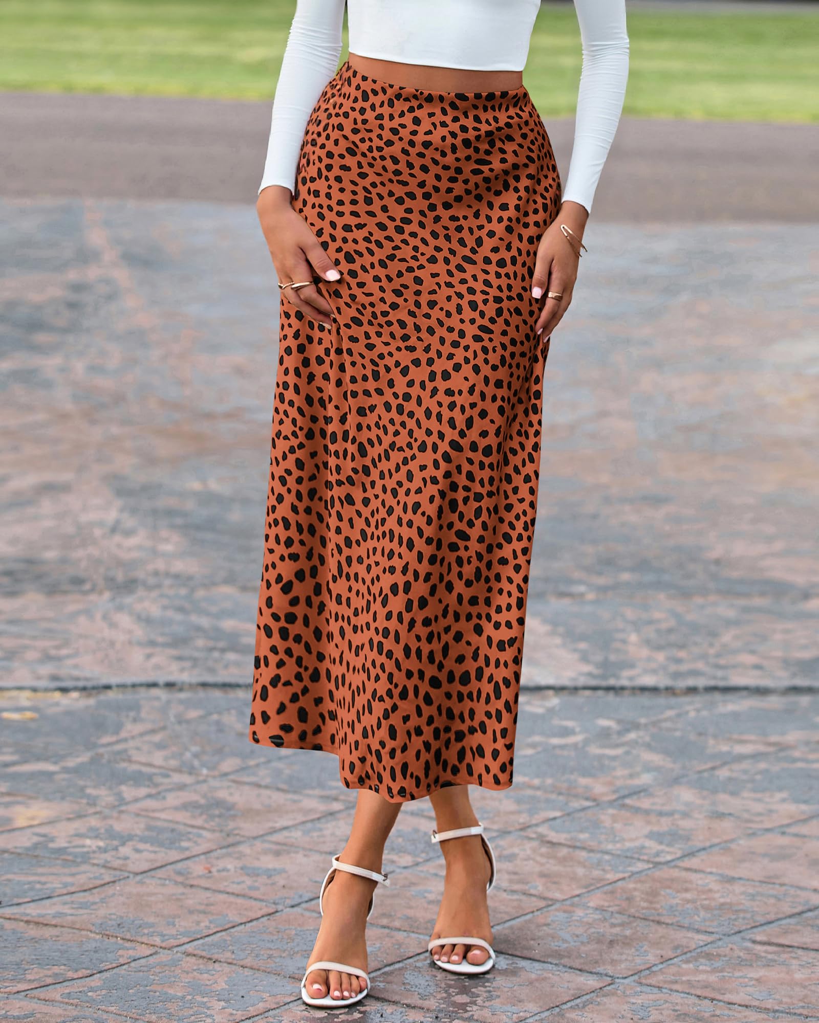 FreshPretty Satin Skirts for Women Trendy Spring Summer High Waisted Leopard Print Cocktail Wedding Long Silk Midi Skirt