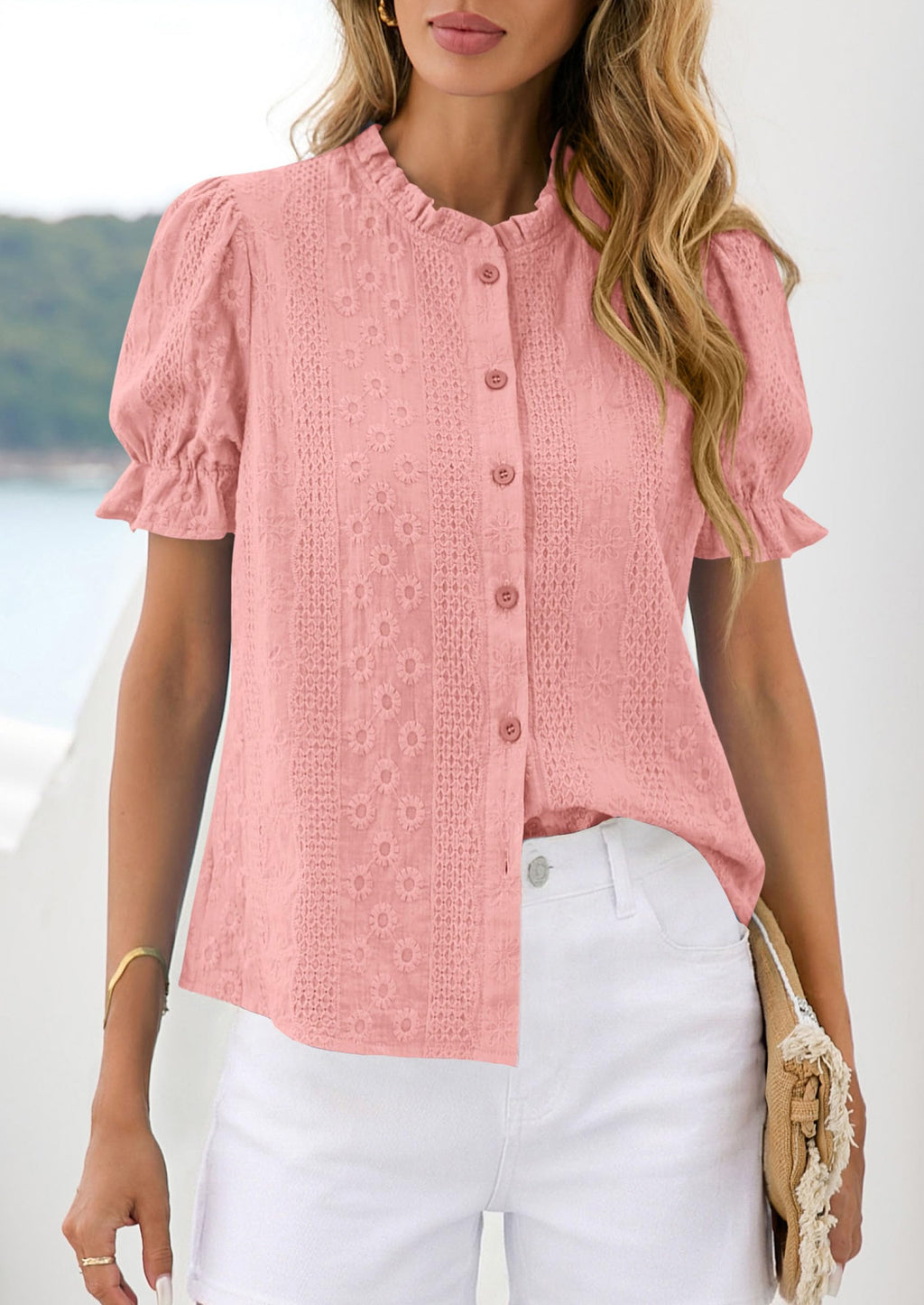 PRETTYGARDEN Womens Puff Short Sleeve Tops  Summer Spring Button Down Boho Embroidered Cute Blouse Dressy Casual Shirts