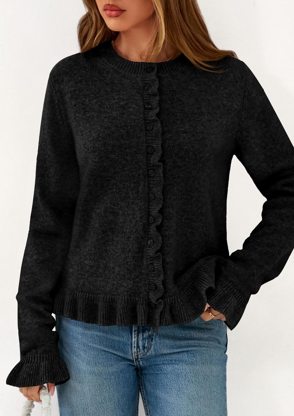 PRETTYGARDEN Womens Fall Button Down Cardigans Chunky Knit Ruffle Open Front Cropped Cardigan Sweaters Soft Long Sleeve Tops