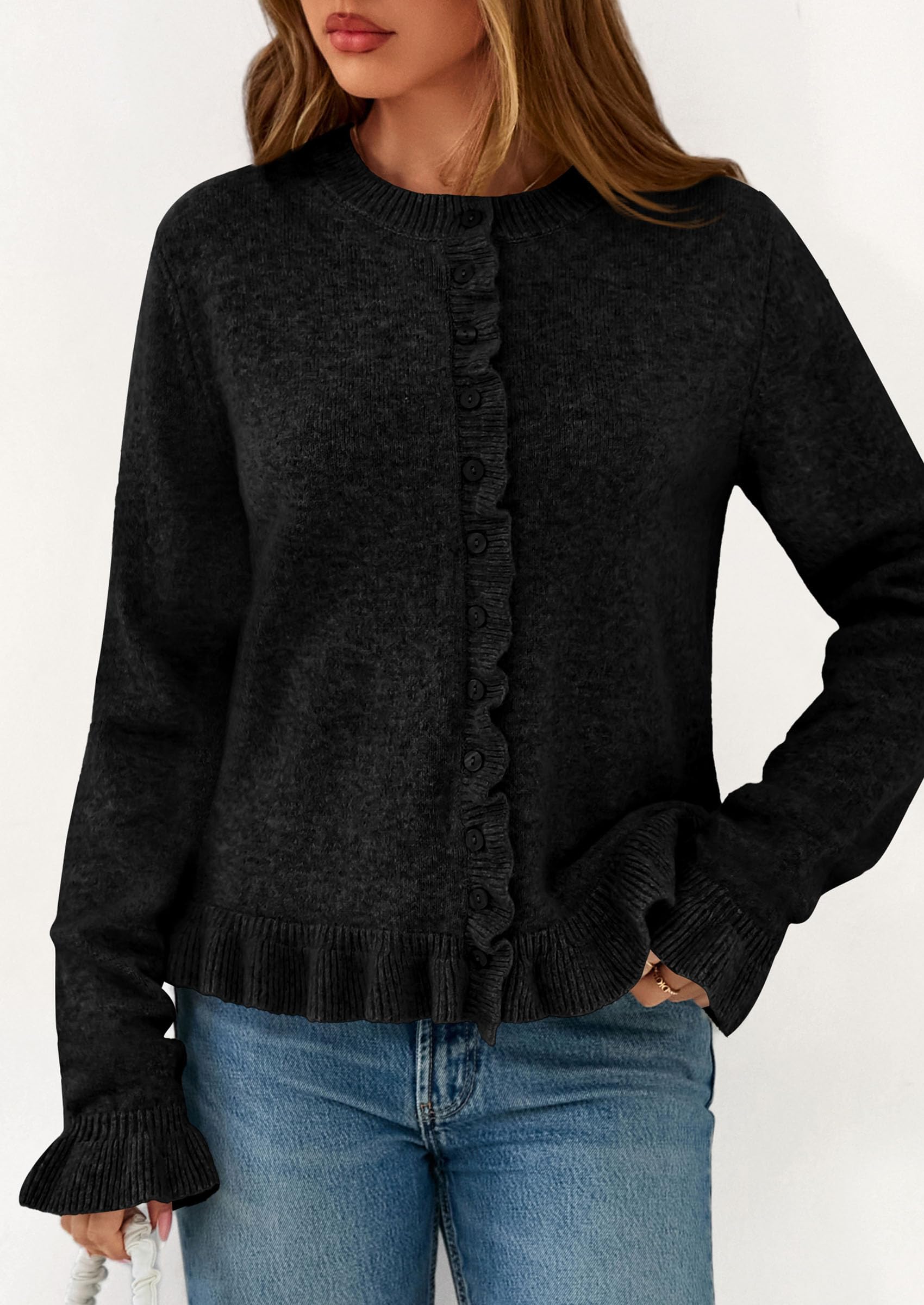 PRETTYGARDEN Womens Fall Button Down Cardigans Chunky Knit Ruffle Open Front Cropped Cardigan Sweaters Soft Long Sleeve Tops