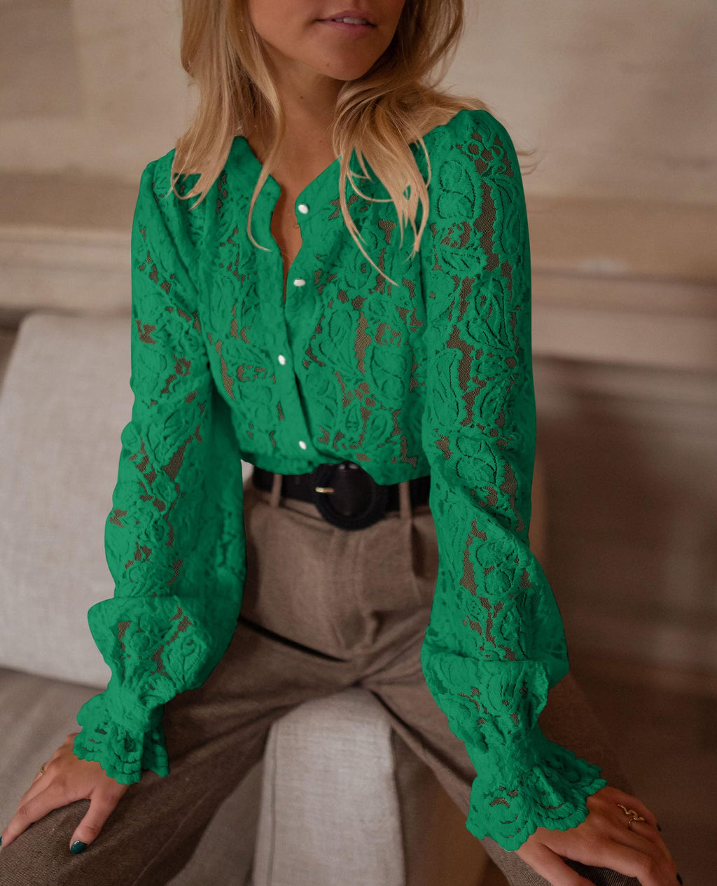 PRETTYGARDEN Women's Dressy Casual Lace Blouse Long Sleeve Button Up Shirts Tops Spring Fall Fashion Clothes