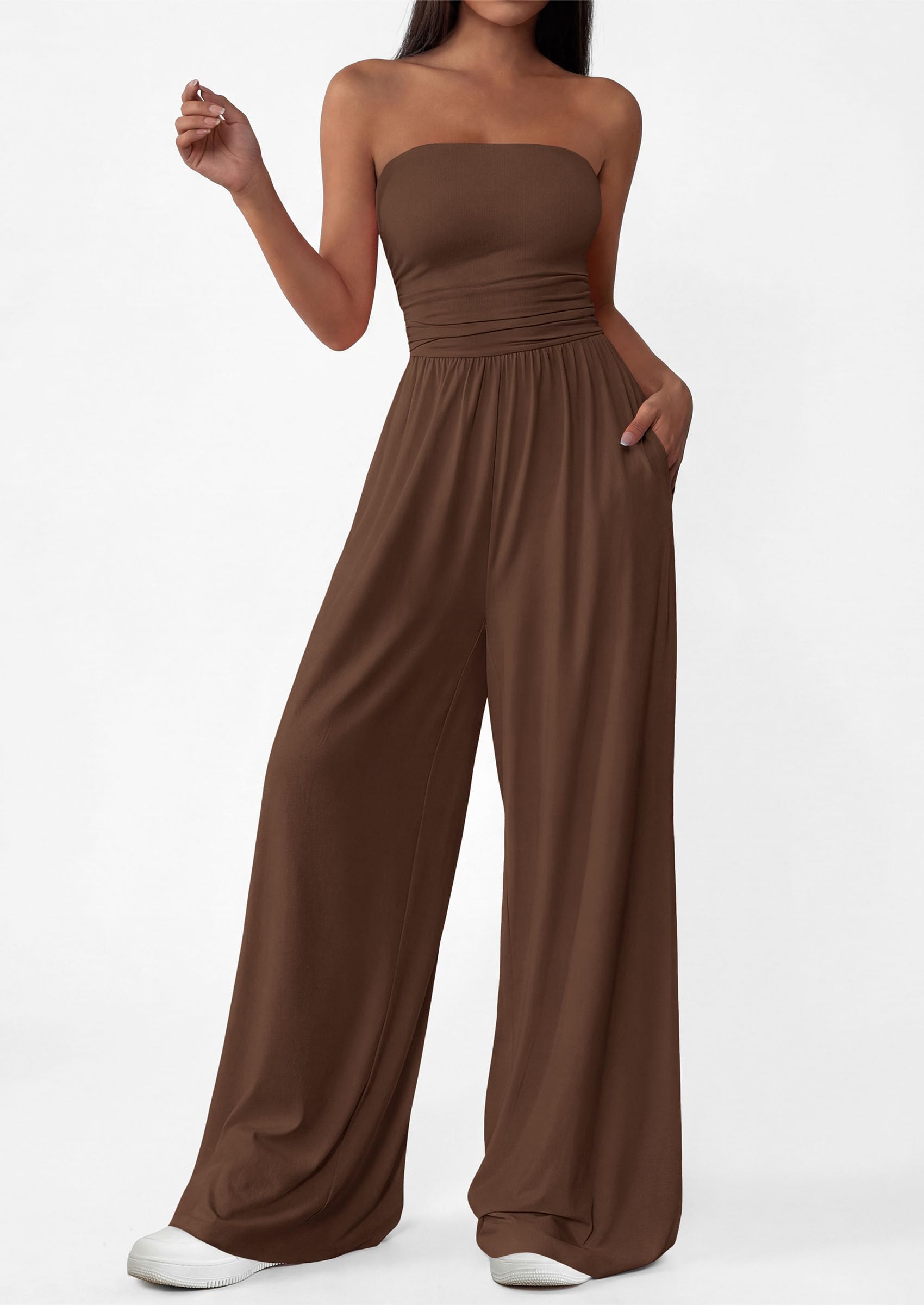 PRETTYGARDEN Womens Trendy Strapless Rompers Ruched Tube Top Wide Leg One Piece Jumpsuits Beach Vacation Summer Outfits