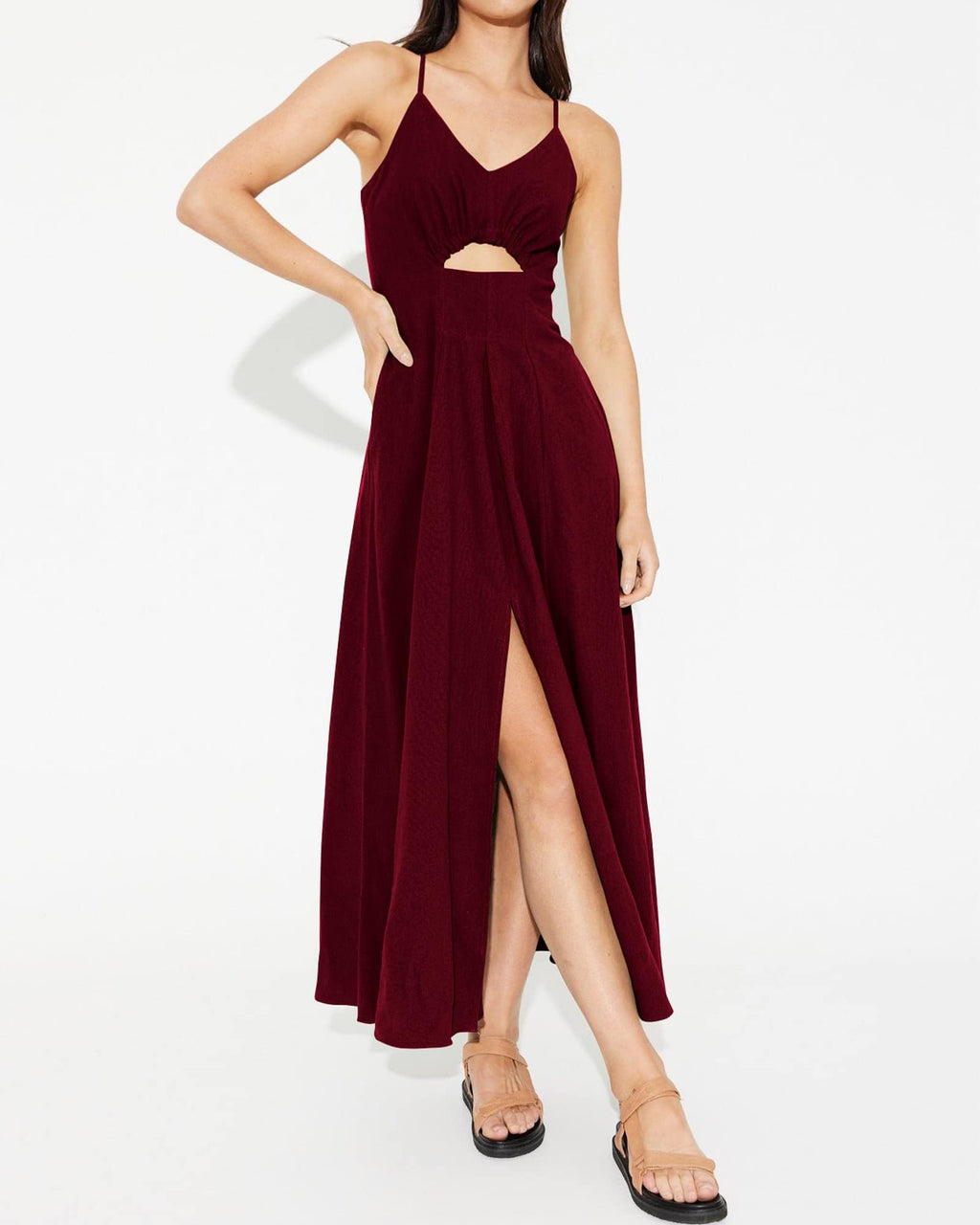 FreshPretty Women Summer Spaghetti Strap Midi Dress Sleeveless V Neck Cutout Slit Casual Beach Party Maxi Dresses Pockets