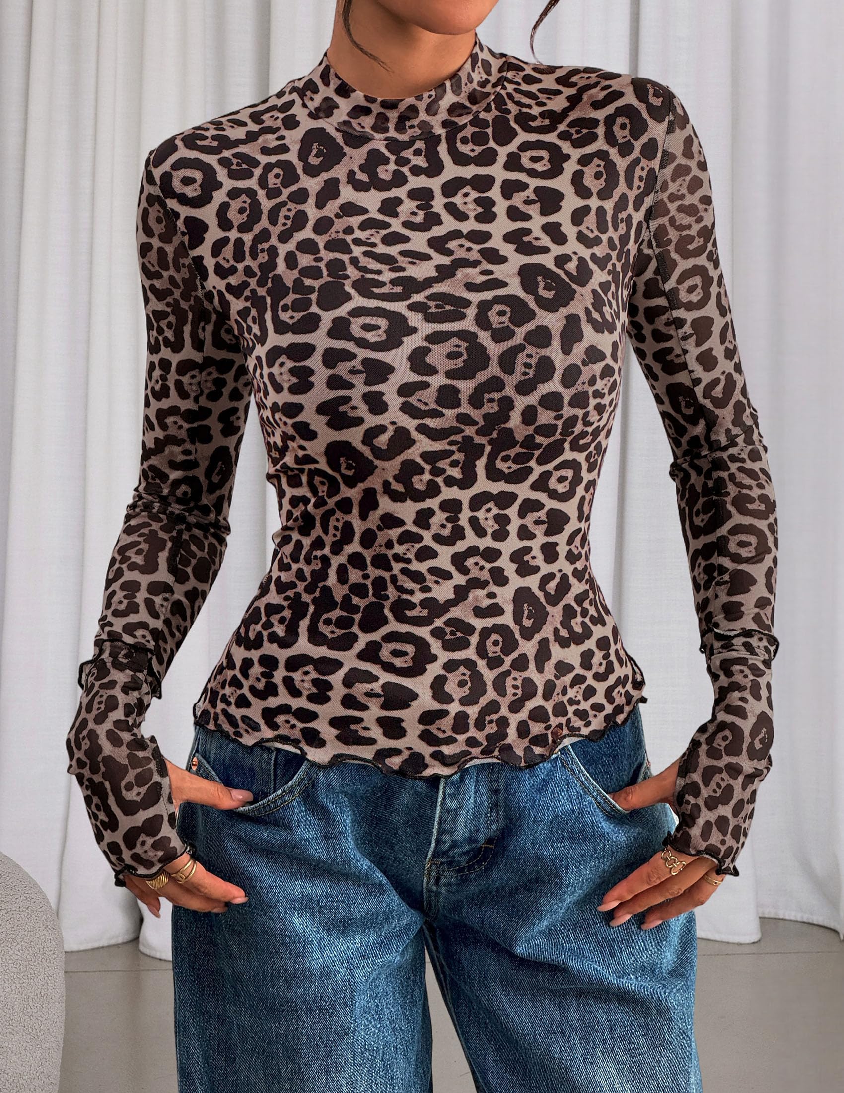 PRETTYGARDEN Womens Fall Mesh Floral Blouses Long Sleeve Going Out Tops Slim Fitted Shirts Date Night Outfits