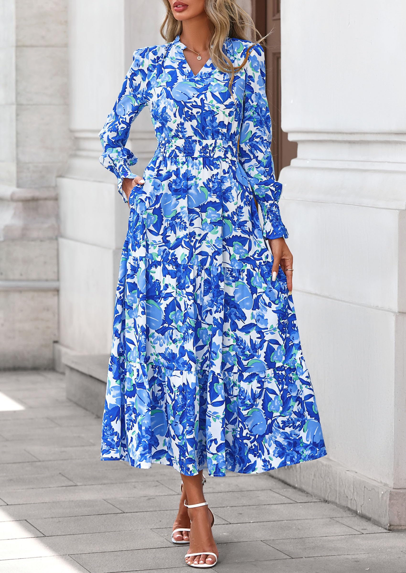 PRETTYGARDEN Women's Floral Maxi Dress Fall Long Sleeve V Neck Casual A Line Long Flowy Boho Party Dresses