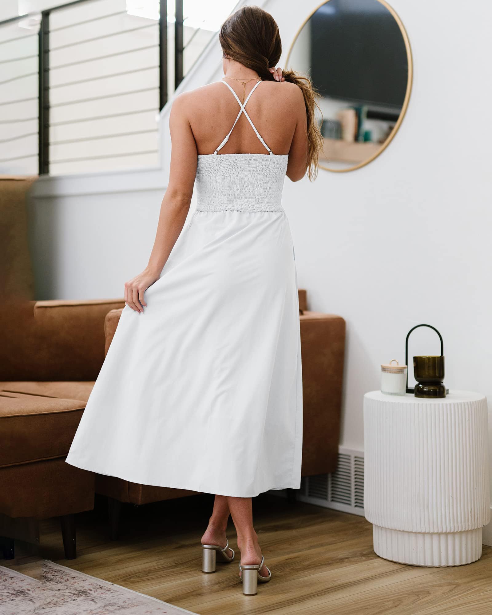 FreshPretty Women Summer Spaghetti Strap Midi Dress Sleeveless V Neck Cutout Slit Casual Beach Party Maxi Dresses Pockets