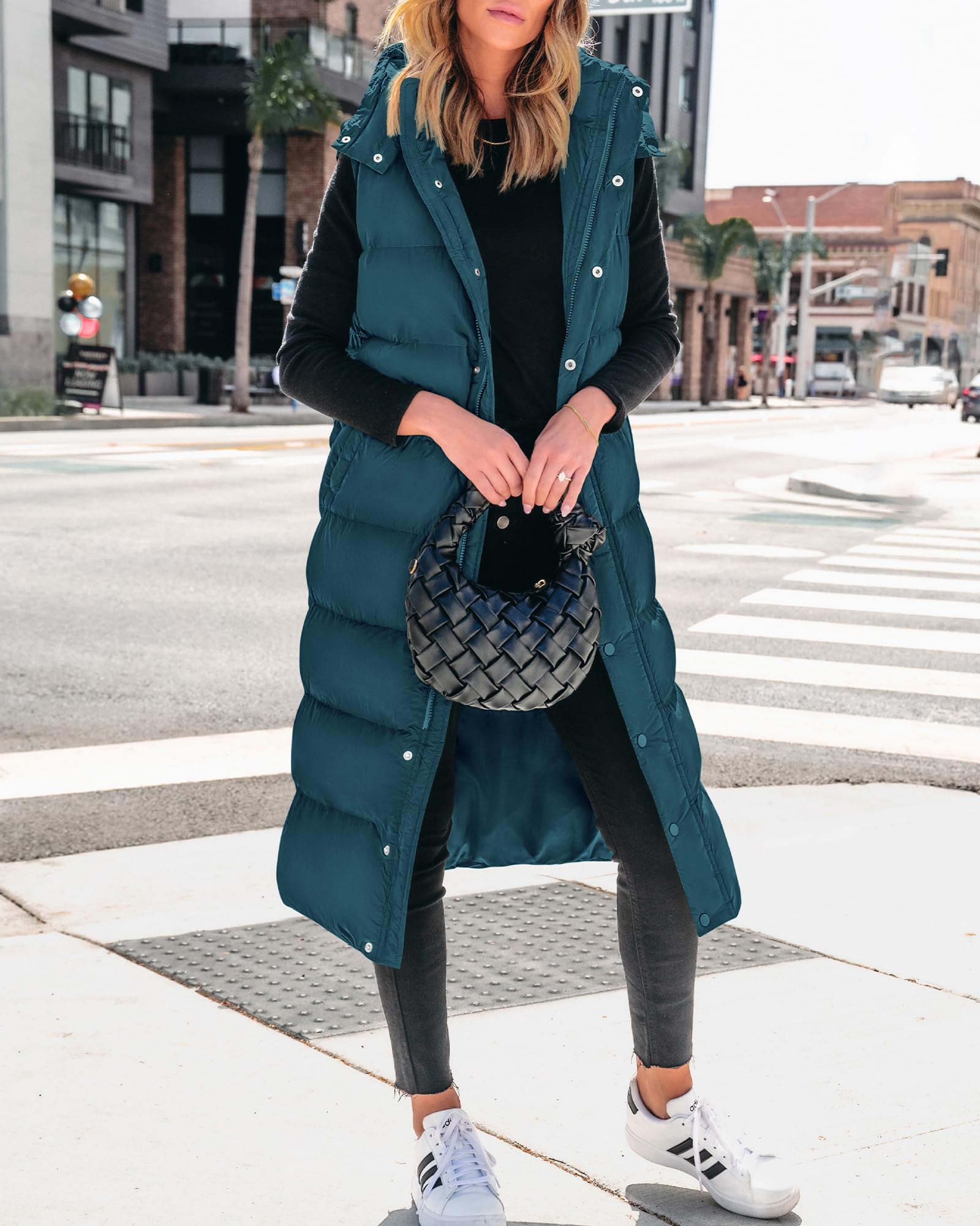 FreshPretty Long Puffer Vest Women Quilted Hooded Button Down Zip Up Sleeveless Vests Outerwear Padded Jacket Fall Winter Coat