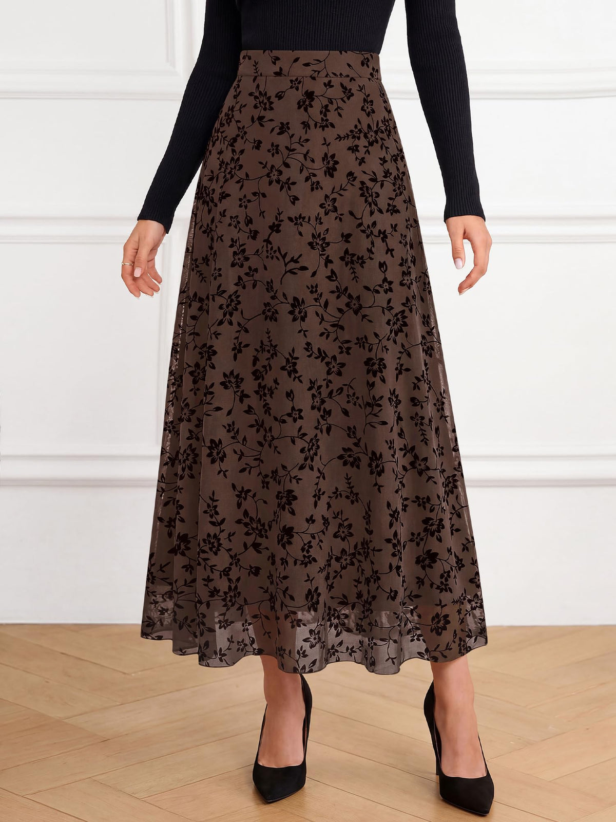 BTFBM Womens Floral Mesh Maxi Skirts Long Tulle Skirt Flowy A Line High Waist Skirts,Velvet-Like Flowers,Flocked Mesh,Double-Layered Skirt,Going Out Outfits,Early Fall Fashion