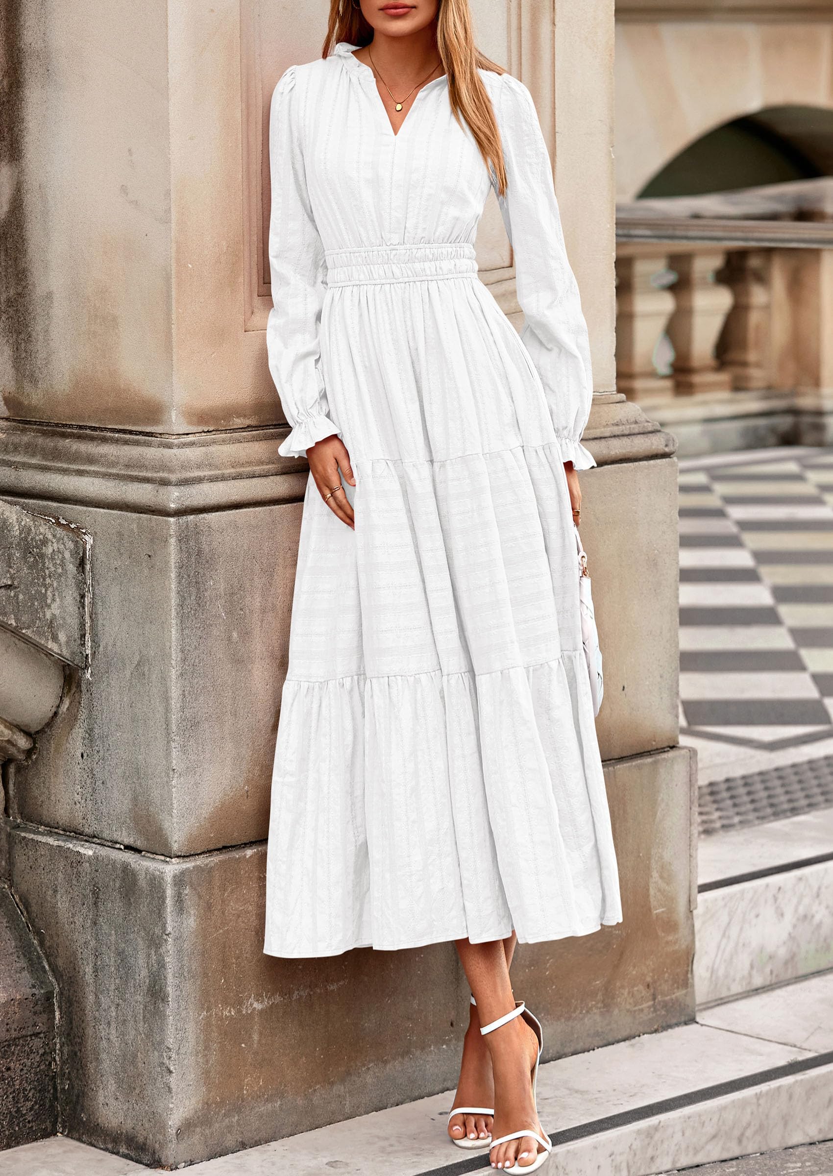 PRETTYGARDEN Women's Fall Wedding Guest Dresses Long Sleeve V Neck Flowy Elegant Holiday Party Maxi Dress with Pockets