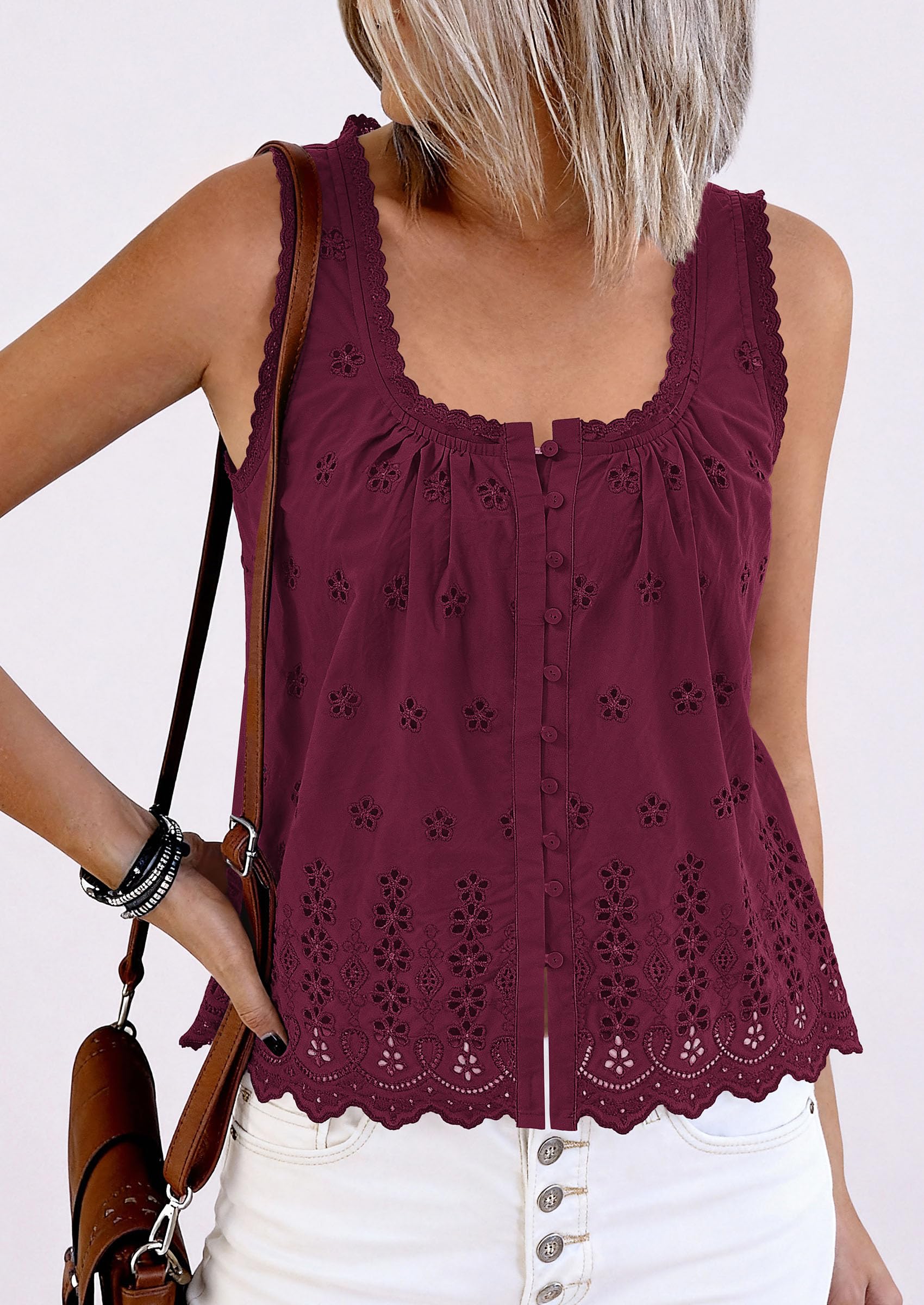 PRETTYGARDEN Womens Tank Tops 2026 Summer Button Down Shirts Embroidered Eyelet Dressy Casual Blouses Beach Vacation Clothes