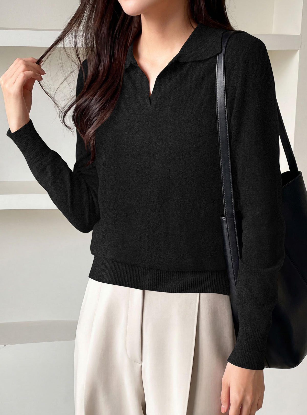PRETTYGARDEN Womens Long Sleeve Collared Polo Sweater | Breathable Soft Ribbed Knit, Lapel V Neck Pullover Sweaters, Business Casual Work Office Tops, 2026 Trendy Fall Outfits