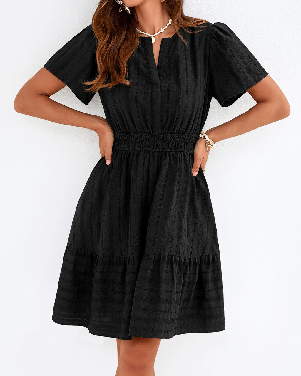 BTFBM Womens Spring  Casual Mini Dresses Lightweight Short Sleeve V Neck Elastic Waist Cute Boho Beach Dress Pockets