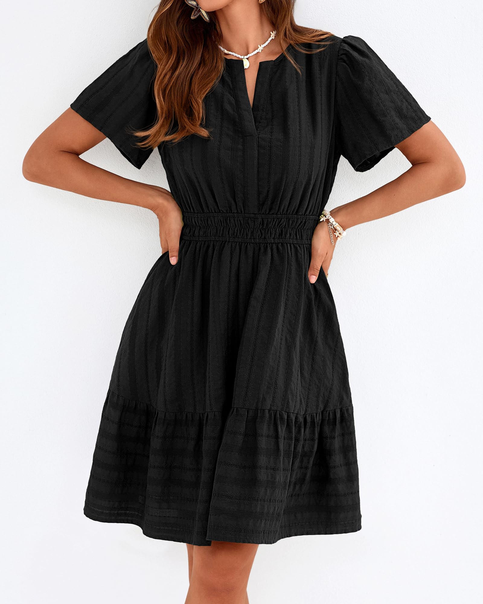 BTFBM Womens Spring  Casual Mini Dresses Lightweight Short Sleeve V Neck Elastic Waist Cute Boho Beach Dress Pockets