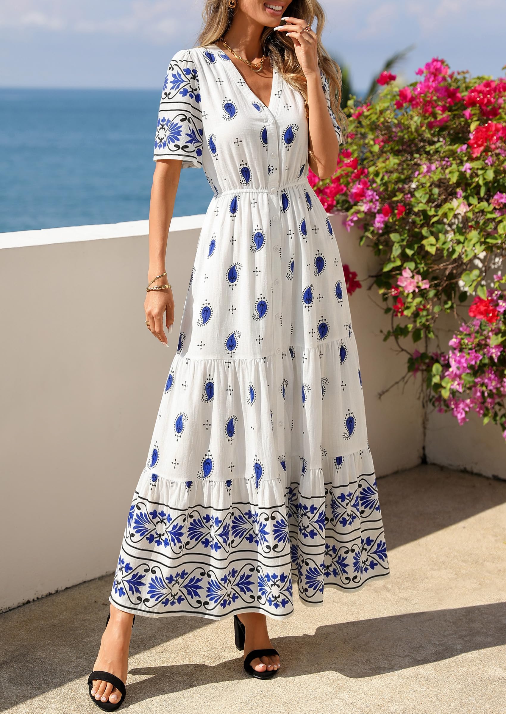 PRETTYGARDEN Womens Summer Boho Maxi Dress Trendy Short Sleeve V Neck Flowy Beach Floral Dresses with Pockets