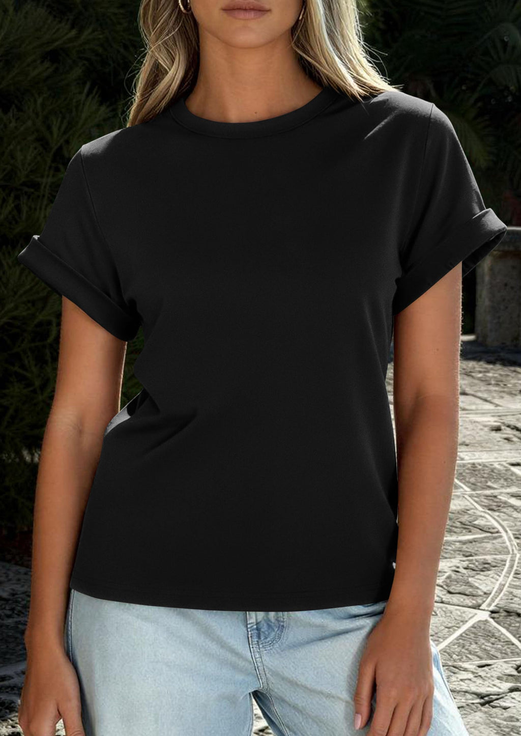PRETTYGARDEN Womens Summer Tops Spring Casual Rolled Short Sleeve Basic Tees Crew Neck Work Shirts Fashion Clothing
