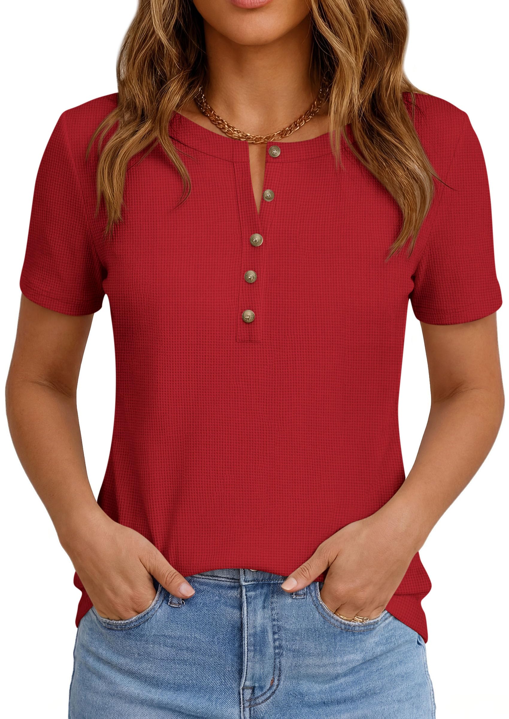 PRETTYGARDEN Waffle Knit Tops for Women Short Sleeve Henley Shirts  Summer Blouses Dressy Casual Spring Fashion Clothes