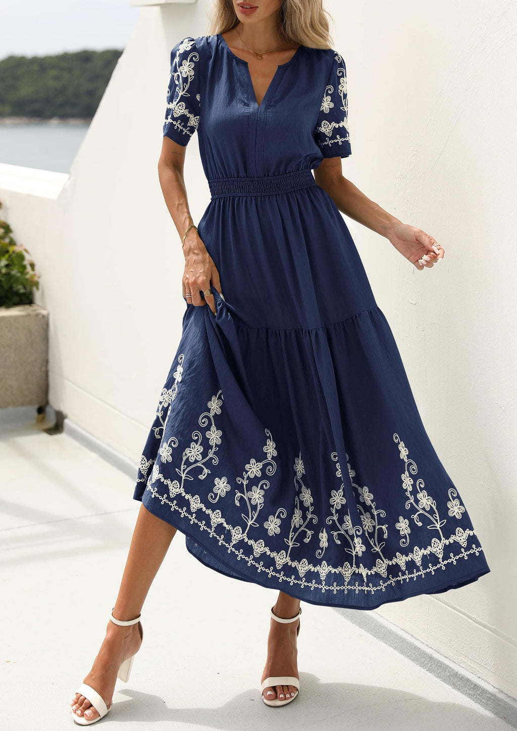 PRETTYGARDEN Women's Summer Boho Maxi Dress Spring Floral Short Sleeve V Neck A Line Flowy Beach Wedding Guest Dresses