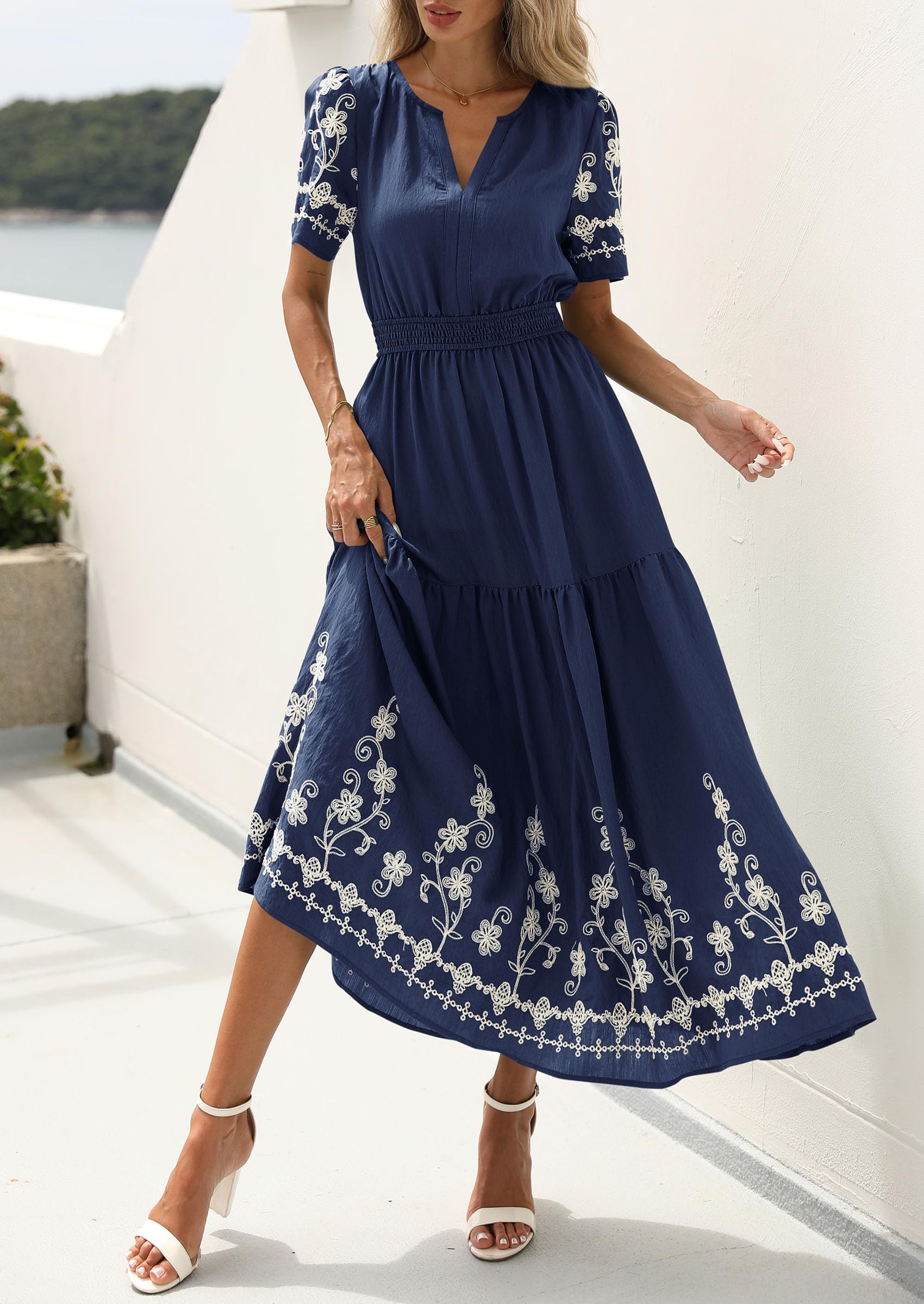 PRETTYGARDEN Women's Summer Boho Maxi Dress Spring Floral Short Sleeve V Neck A Line Flowy Beach Wedding Guest Dresses