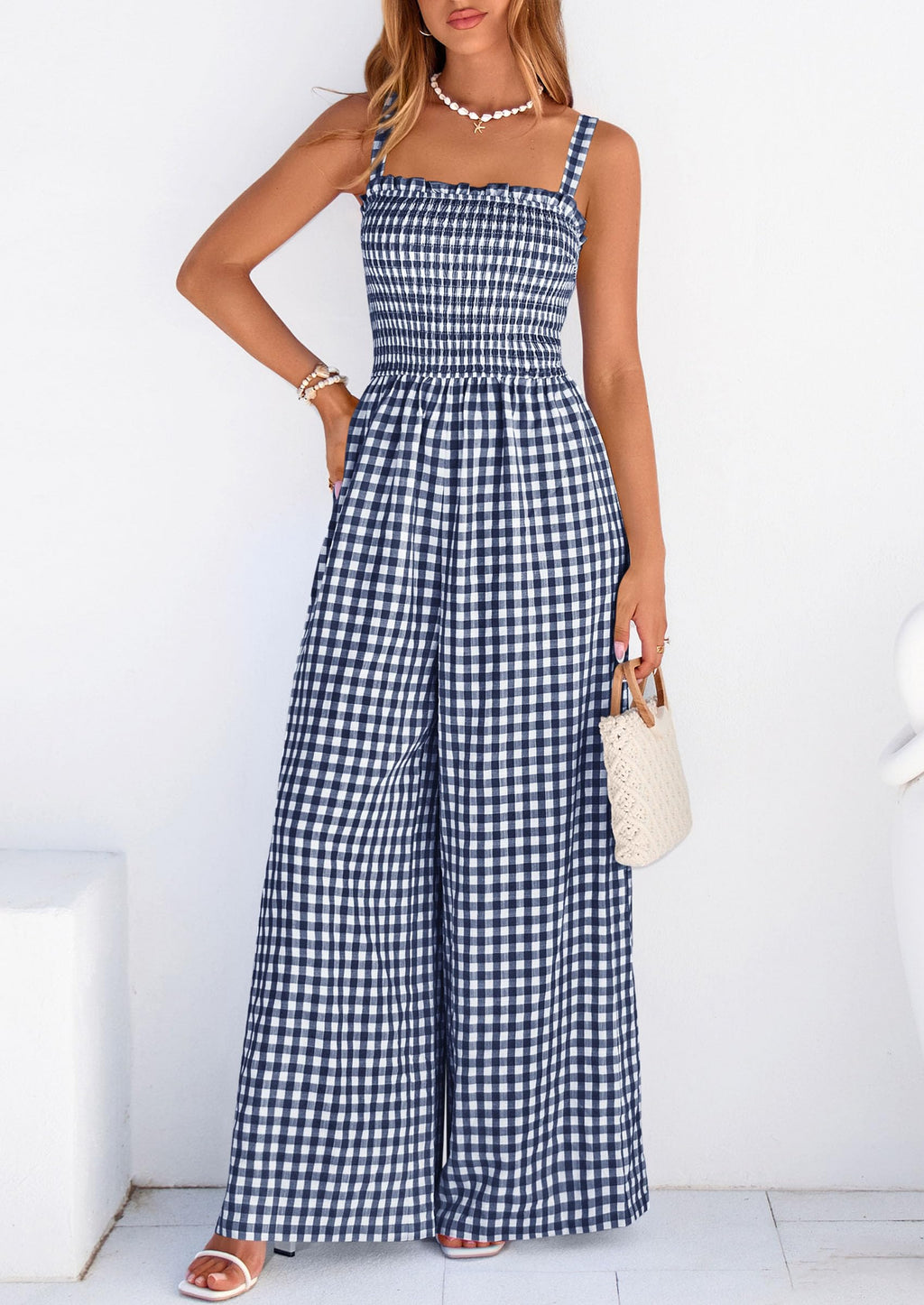 PRETTYGARDEN One Piece Jumpsuits for Women Casual Summer Cruise Outfits  Spring Fashion Smocked Wide Leg Gingham Rompers