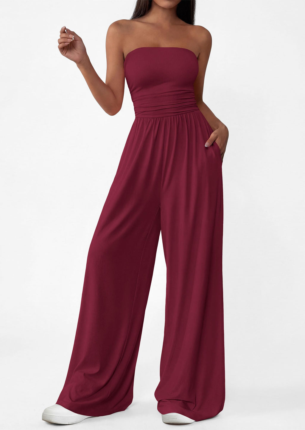 PRETTYGARDEN Womens Trendy Strapless Rompers Ruched Tube Top Wide Leg One Piece Jumpsuits Beach Vacation Summer Outfits