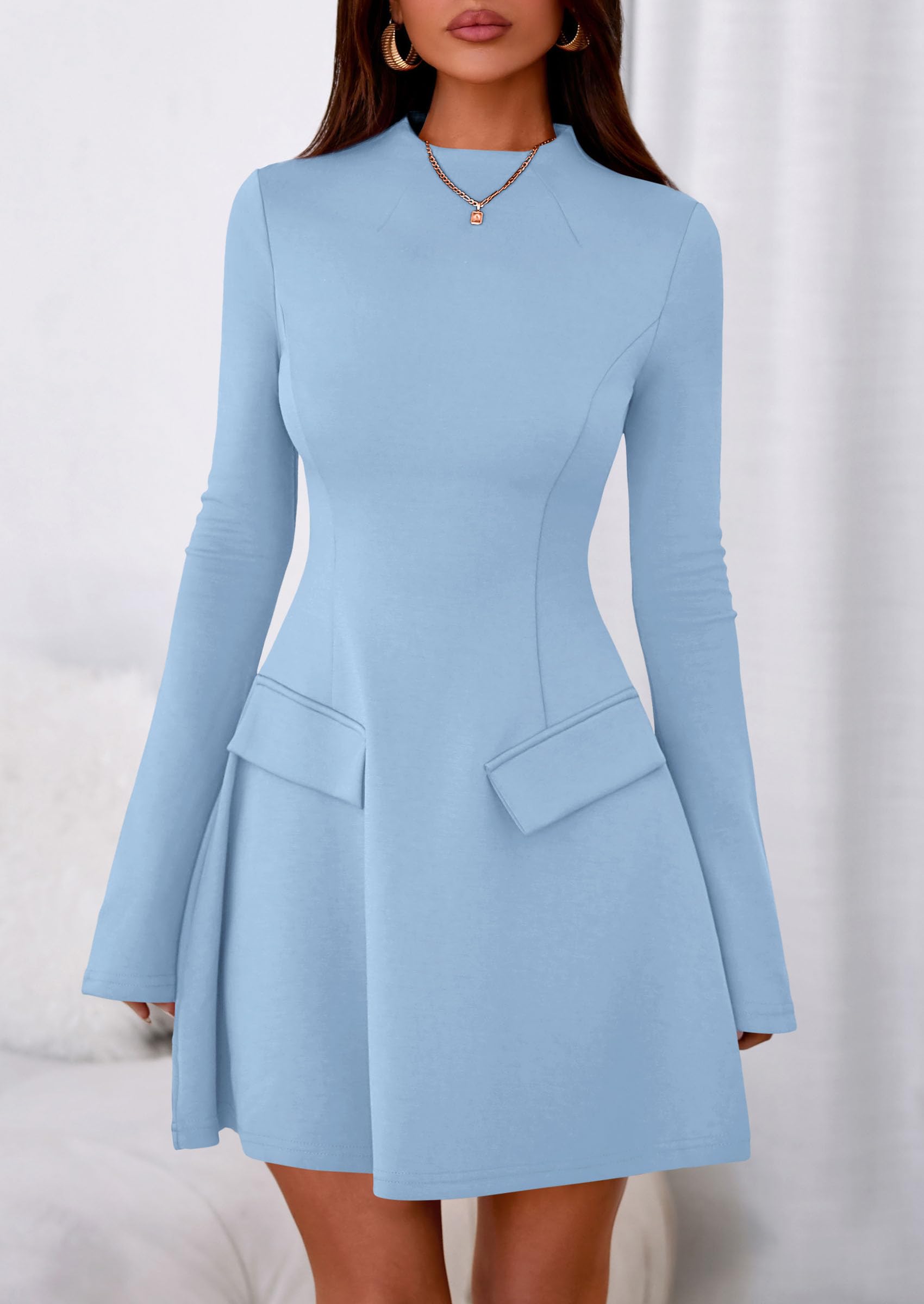 PRETTYGARDEN Women's Elegant Holiday Short Dress  Fall Bell Long Sleeve Mock Neck Work Business Casual Party Mini Dress