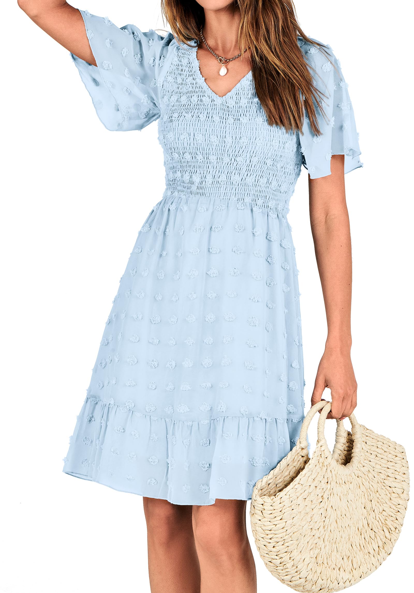FreshPretty Womens Beach Vacation Dress Summer V Neck Short Sleeve Smocked Swiss Dot Cute Ruffle Casual Fall Mini Dresses