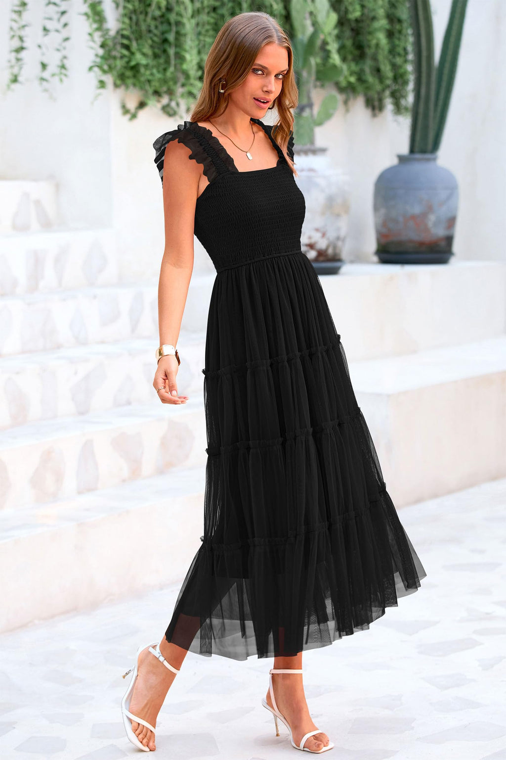 PRETTYGARDEN Women's Summer Tulle Midi Dress Sleeveless Smocked Ruffle Flowy Mesh Dresses Party Wedding Guest Sundress