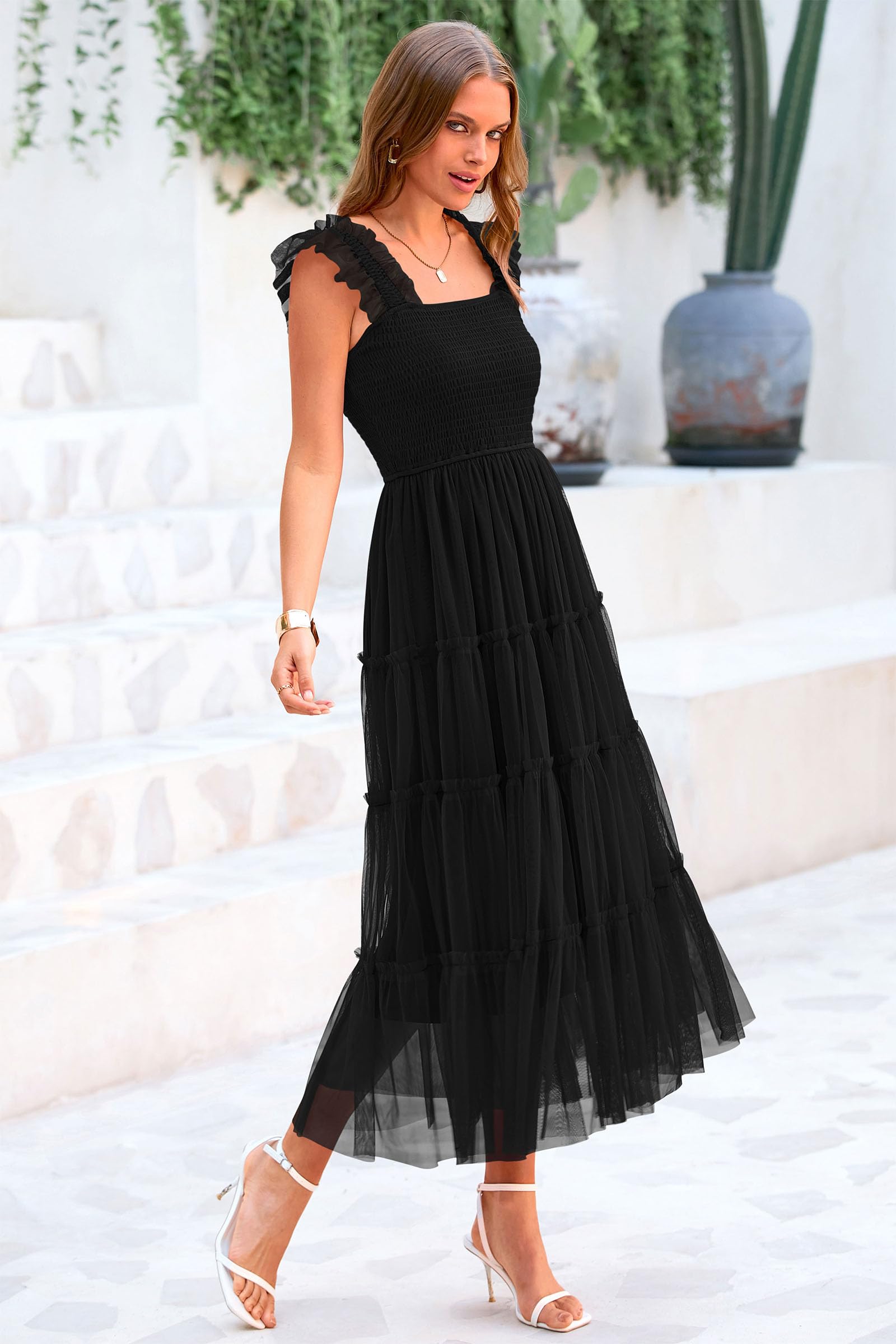 PRETTYGARDEN Women's Summer Tulle Midi Dress Sleeveless Smocked Ruffle Flowy Mesh Dresses Party Wedding Guest Sundress