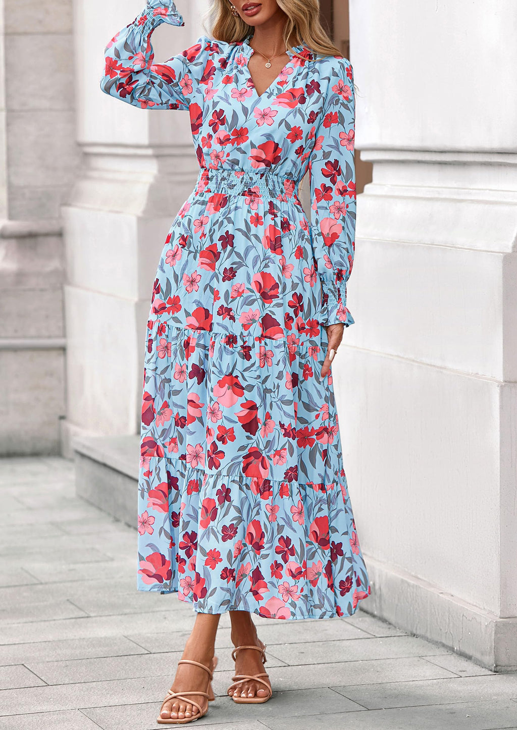 PRETTYGARDEN Women's Floral Maxi Dress Fall Long Sleeve V Neck Casual A Line Long Flowy Boho Party Dresses