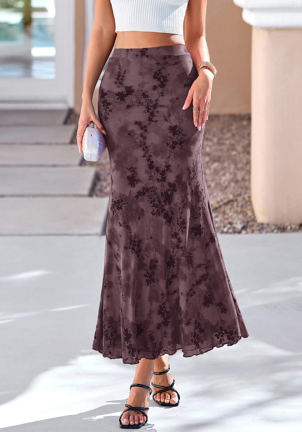 BTFBM Womens Floral Mesh Maxi Skirt Spring Summer Elastic High Waisted Boho Elegant Mermaid Long Skirts for Women