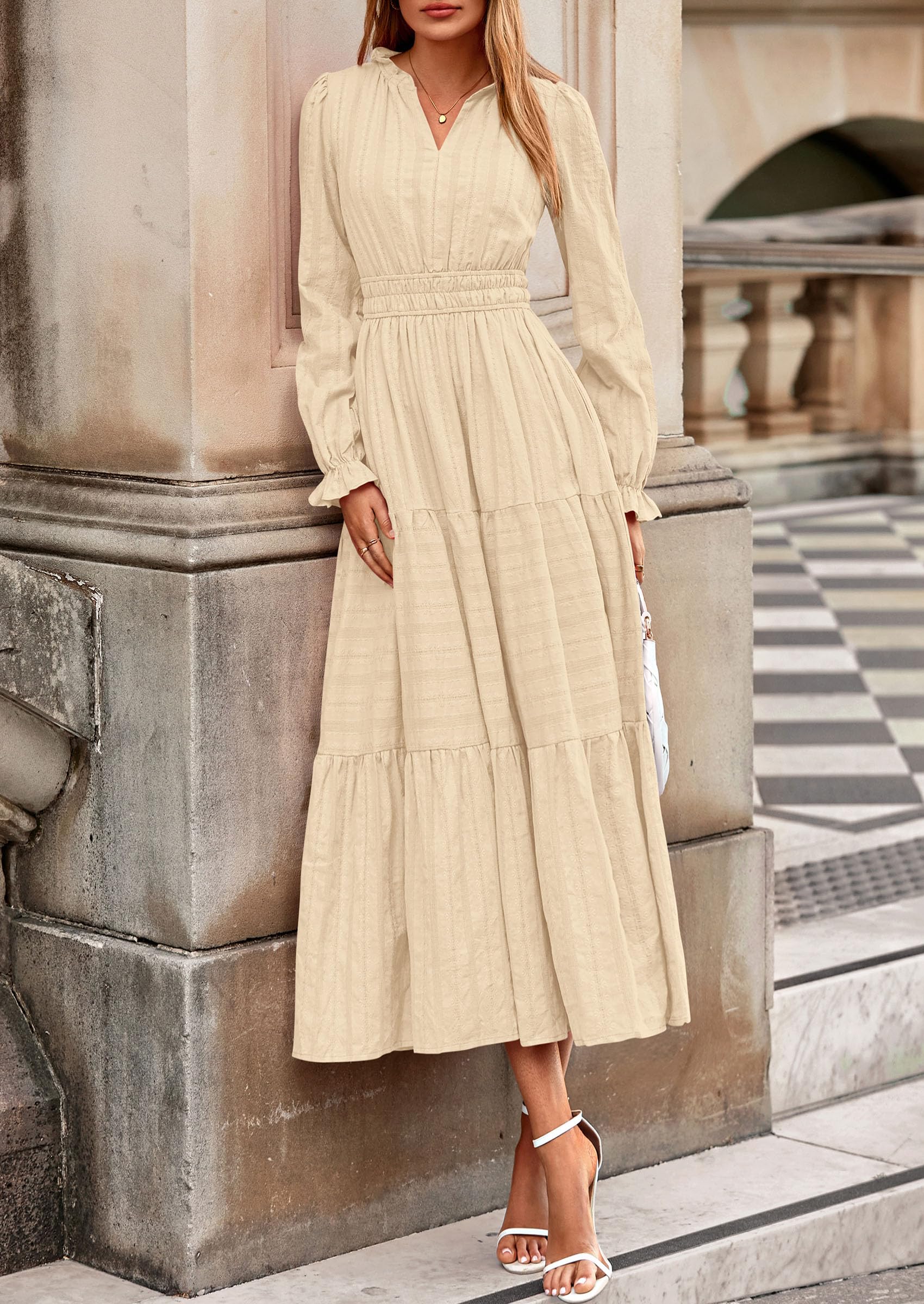 PRETTYGARDEN Women's Fall Wedding Guest Dresses Long Sleeve V Neck Flowy Elegant Holiday Party Maxi Dress with Pockets