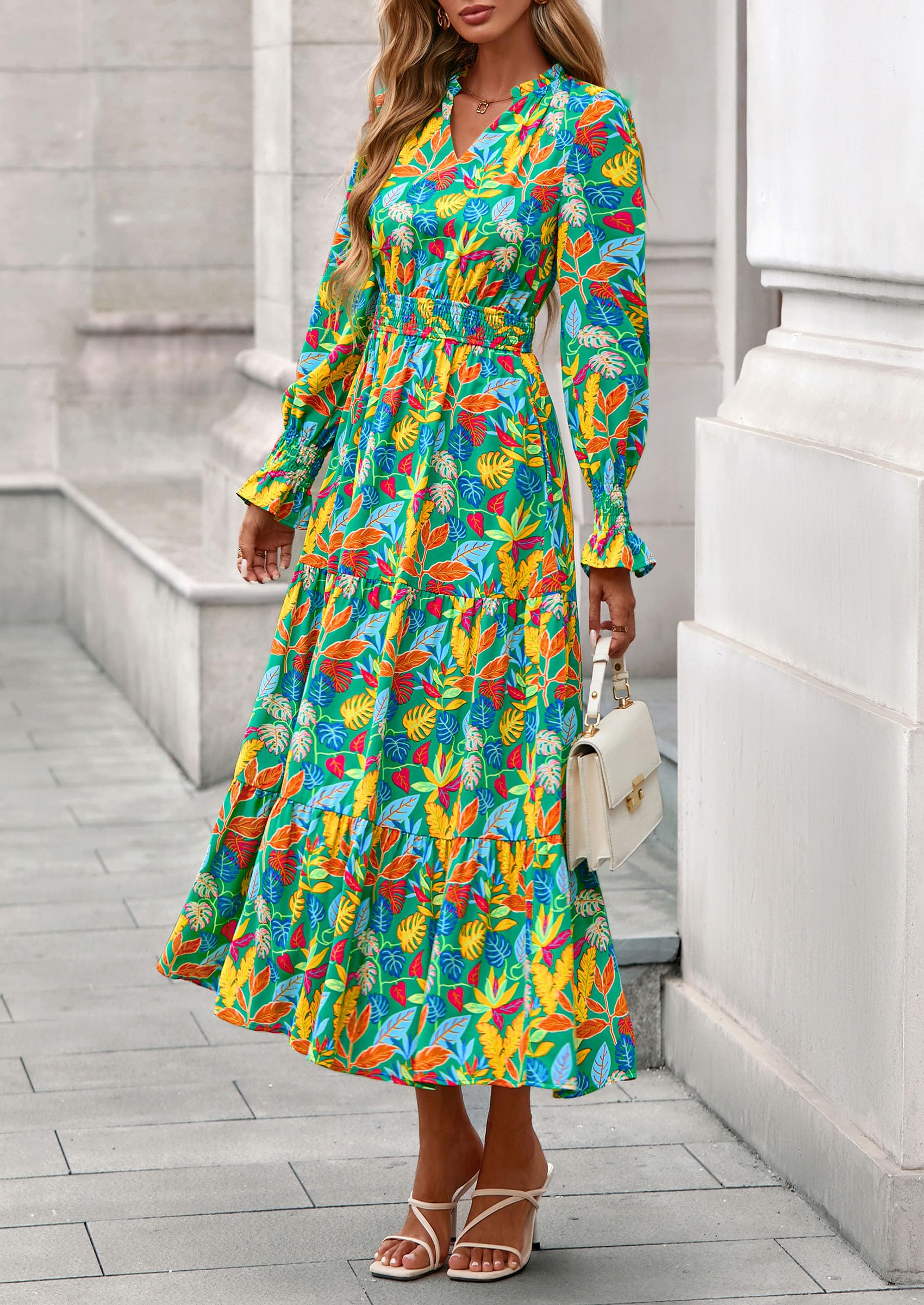 PRETTYGARDEN Women's Floral Maxi Dress Fall Long Sleeve V Neck Casual A Line Long Flowy Boho Party Dresses