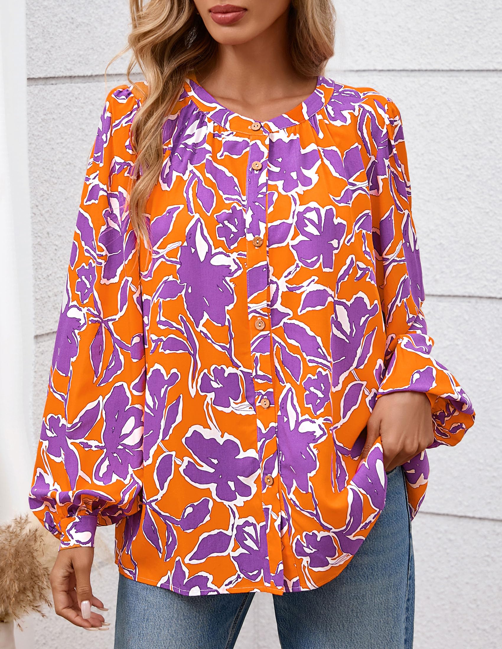 PRETTYGARDEN Women's Floral Button Down Blouse Fall Fashion Dressy Casual Long Sleeve Oversized Shirts Top Boho Clothes