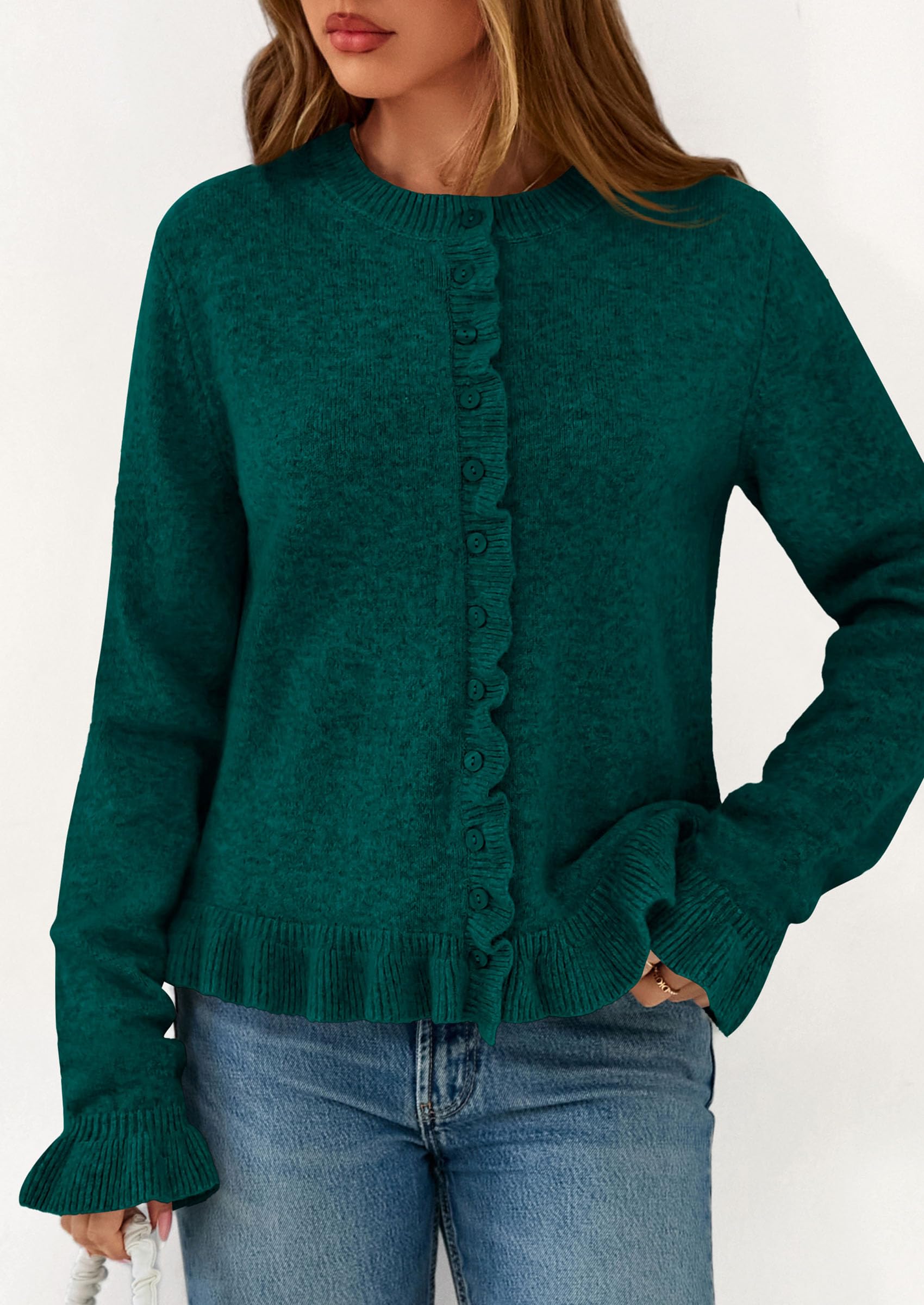 PRETTYGARDEN Womens Fall Button Down Cardigans Chunky Knit Ruffle Open Front Cropped Cardigan Sweaters Soft Long Sleeve Tops