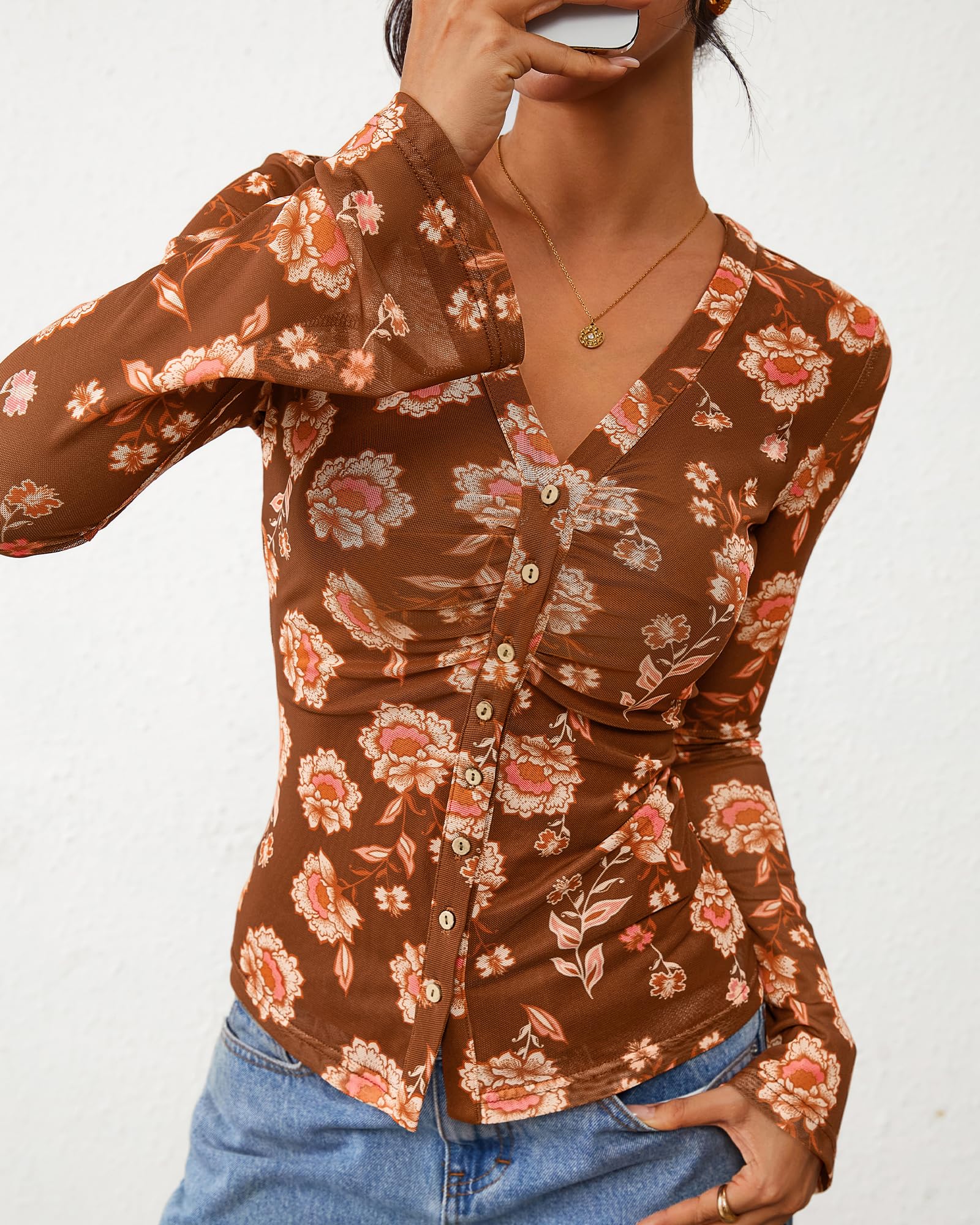 FreshPretty Button Down Shirts for Women Fall Fashion V Neck Long Sleeve Blouse Ruched Mesh Fitted Floral Print Boho Tops