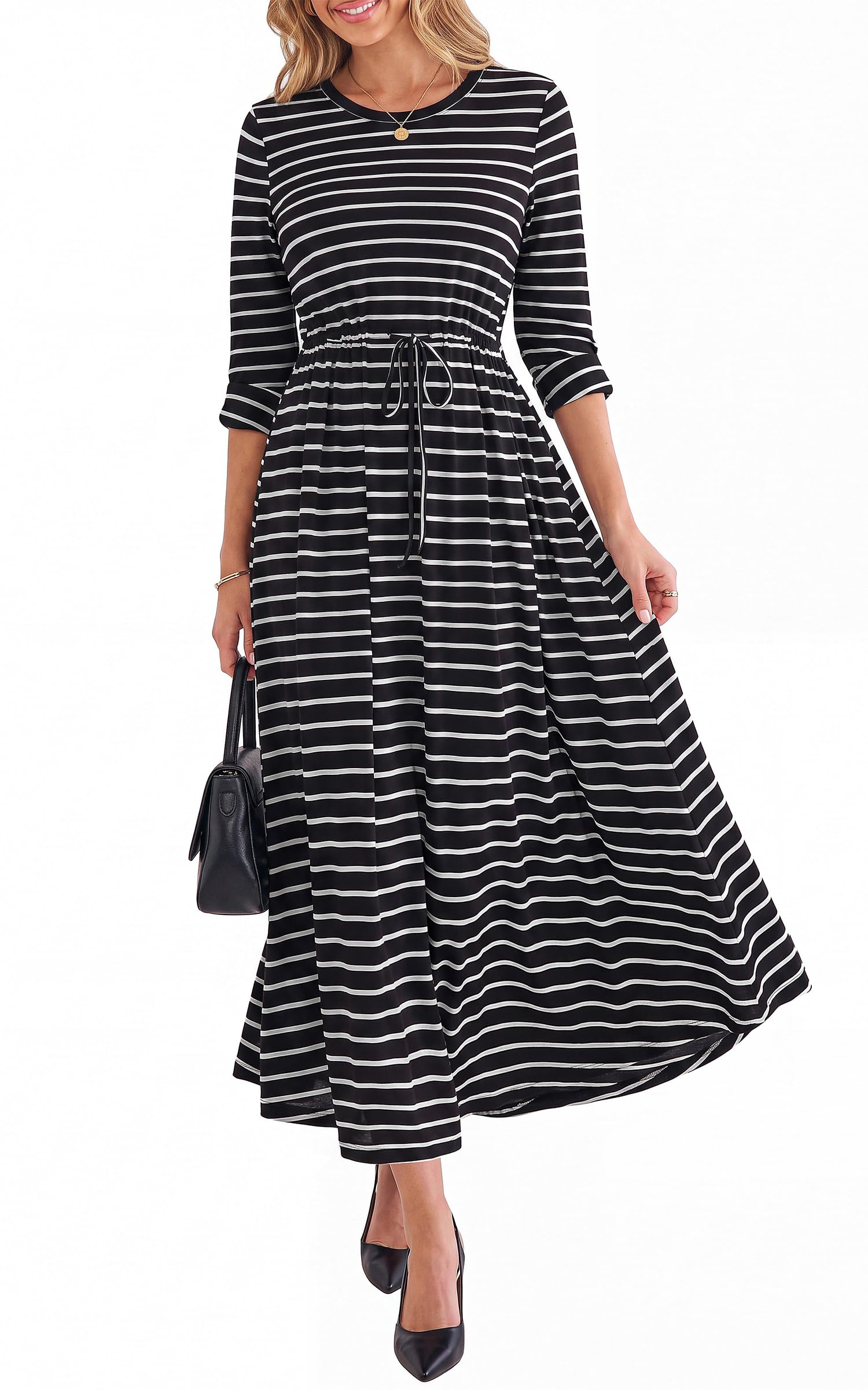 FreshPretty Long Sleeve Maxi Dresses for Women Fall Casual Loose Striped Dress|Cotton T Shirt Dress, Loose Fit Dress with Pocket, Business Casual Work Teacher, Fall Outfits