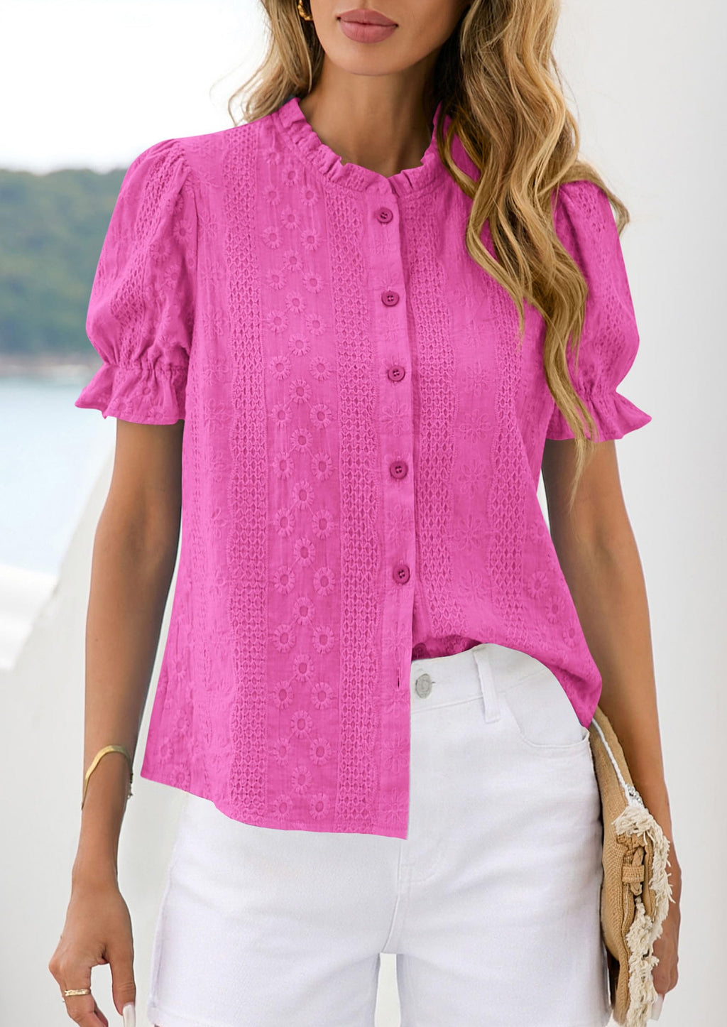 PRETTYGARDEN Womens Puff Short Sleeve Tops  Summer Spring Button Down Boho Embroidered Cute Blouse Dressy Casual Shirts