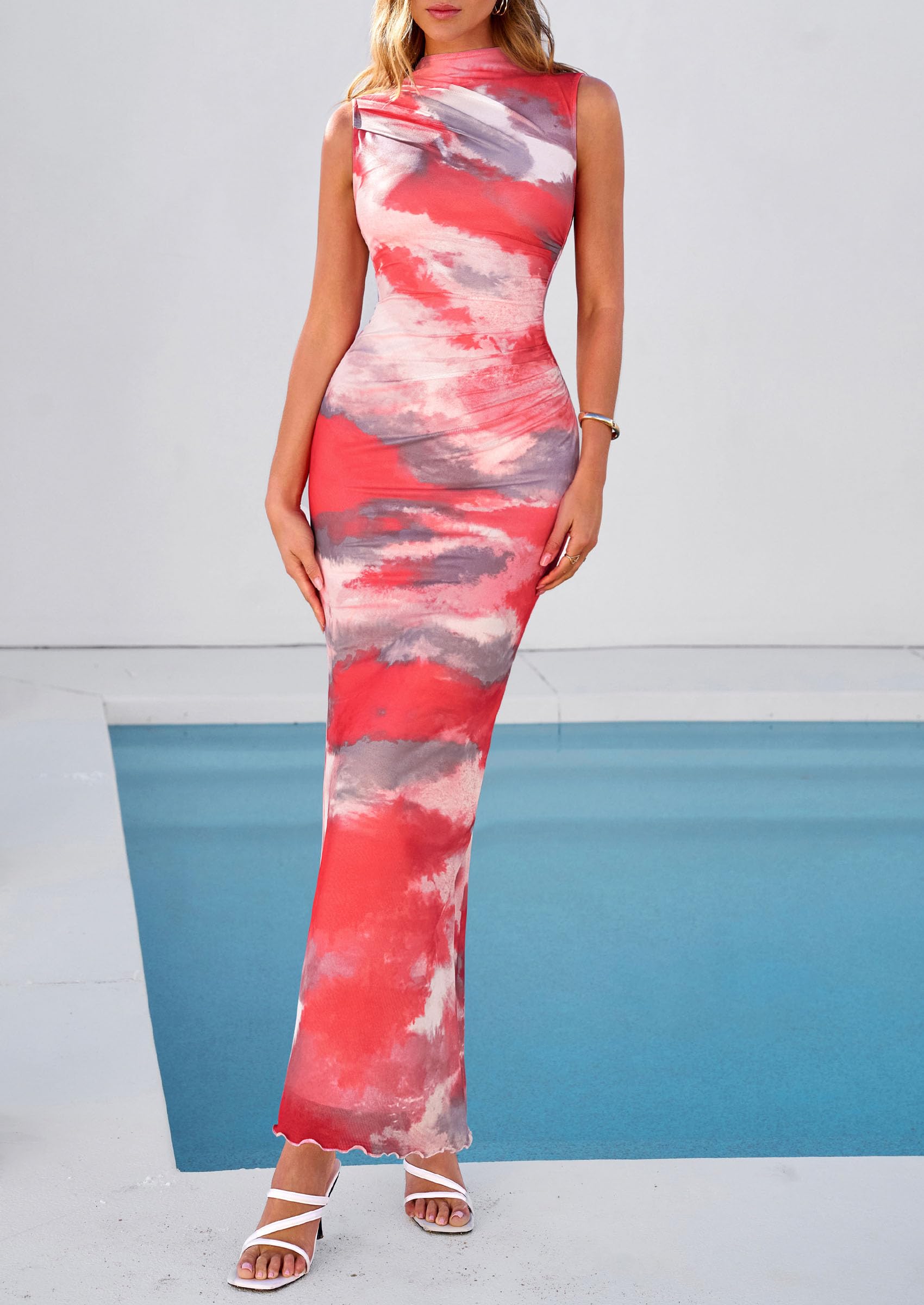 PRETTYGARDEN Summer Dresses for Women  Sleeveless Bodycon Maxi Spring Mock Neck Tie Dye Mesh Cocktail Going Out Dress