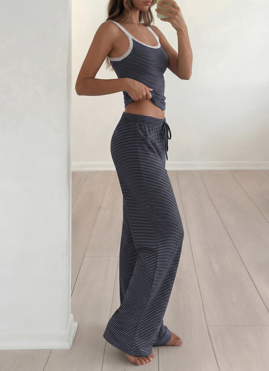 BTFBM Lounge Sets For Women Striped 2 Piece Pajama Sets Spaghetti Strap Tops Wide Leg Pants Beach Vacation Outfits