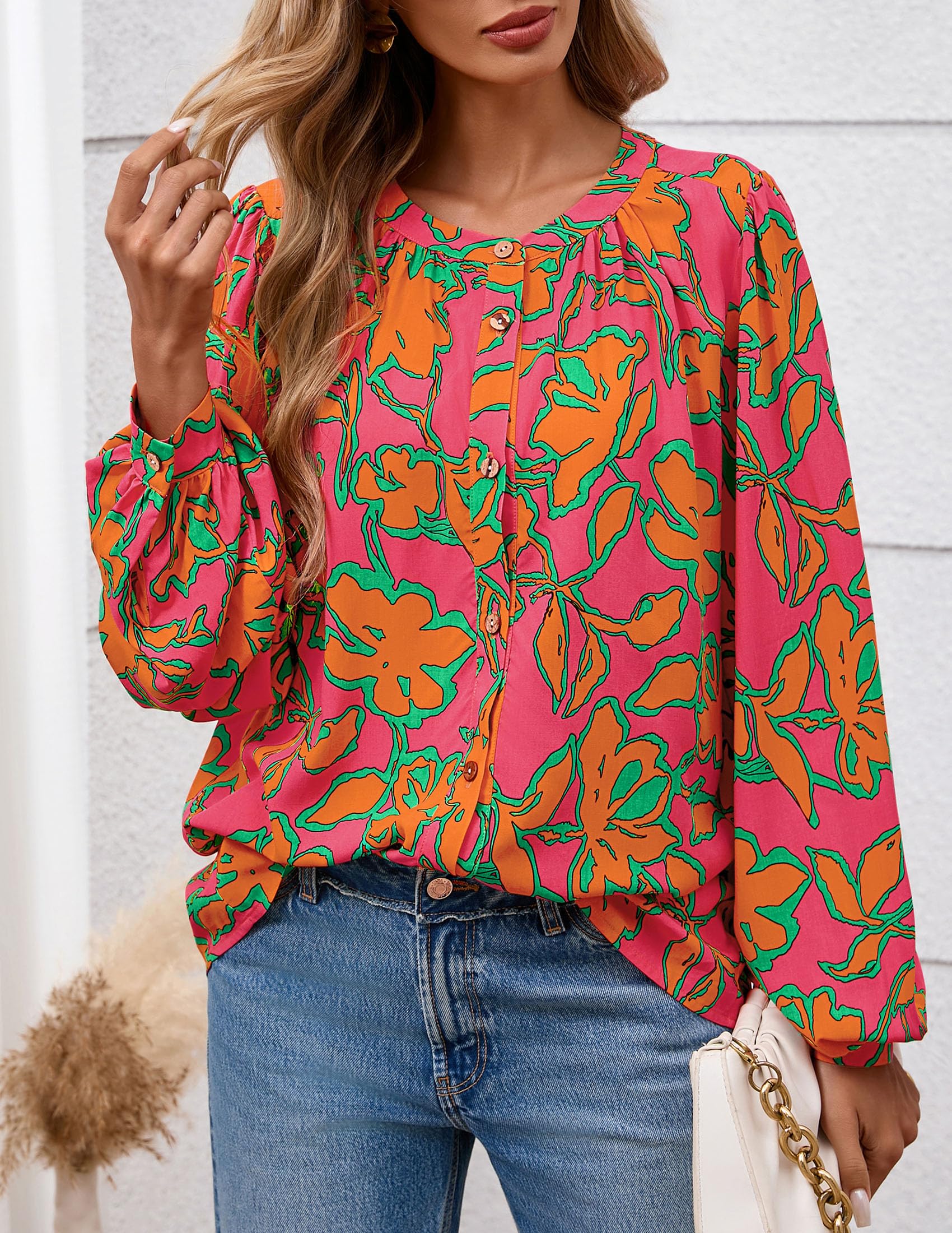 PRETTYGARDEN Women's Floral Button Down Blouse Fall Fashion Dressy Casual Long Sleeve Oversized Shirts Top Boho Clothes