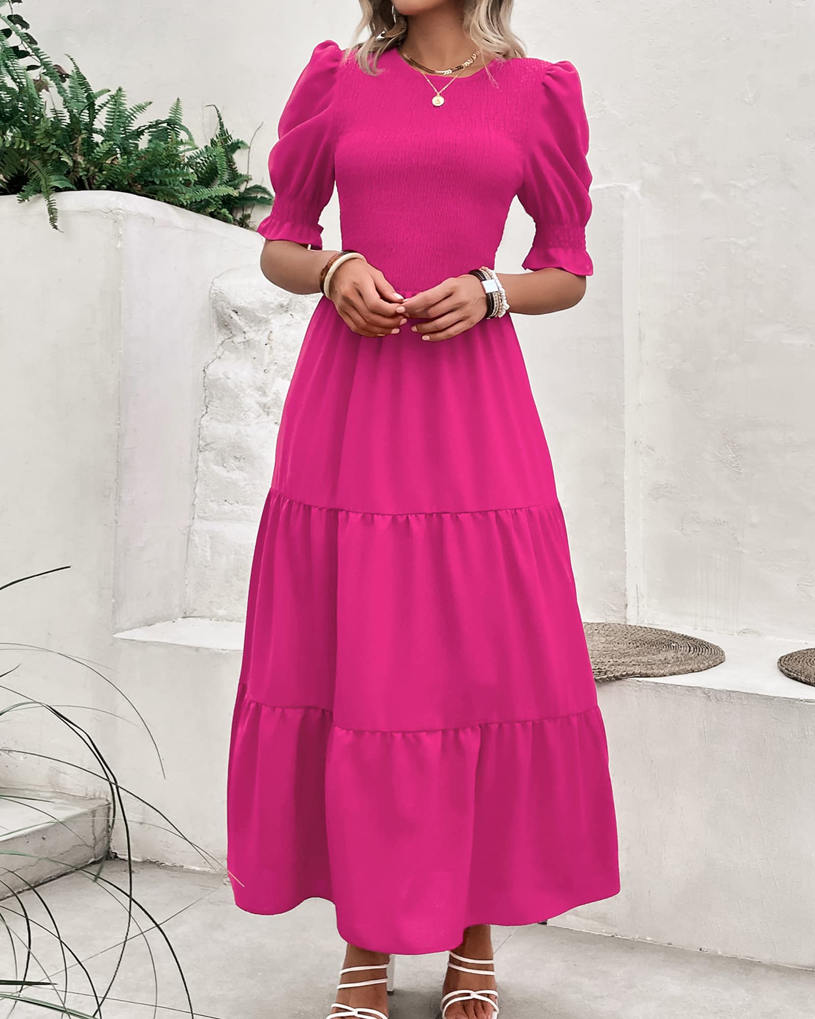 FreshPretty Women Casual Summer Dresses Spring Crew Neck Ruffle Short Sleeve Floral Print Smocked Boho Flowy Maxi Dress